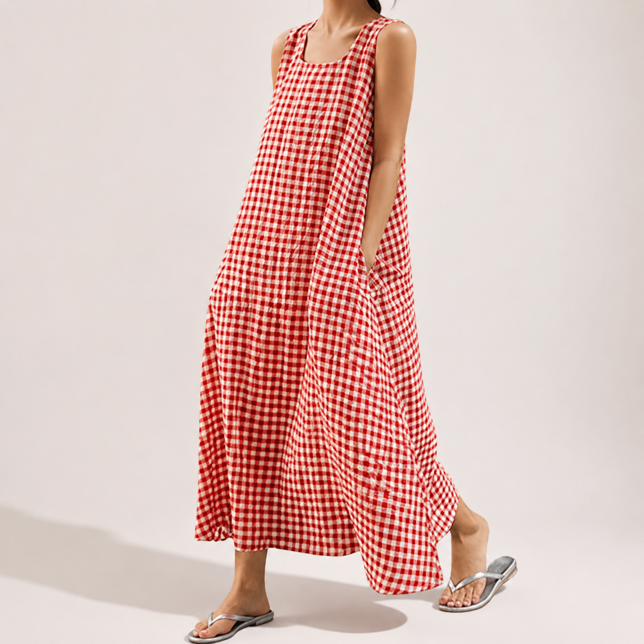 Women's Summer Casual Loose-Fit Cotton Plaid Tank Maxi Dress with Pockets Boho Beach Sundress
