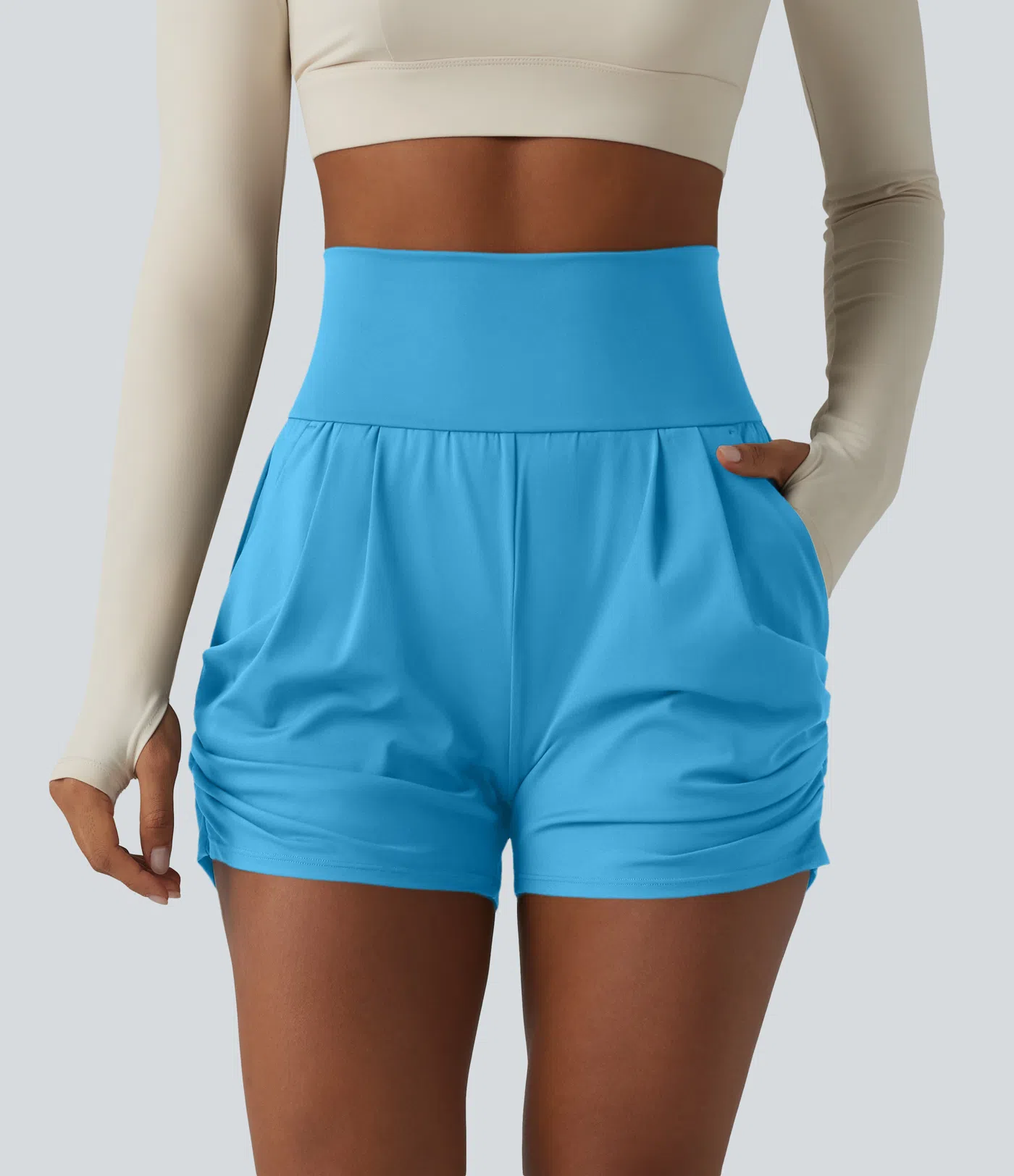 Airy High Waisted Ruched Cool Touch Yoga Shorts 3'' with Pockets