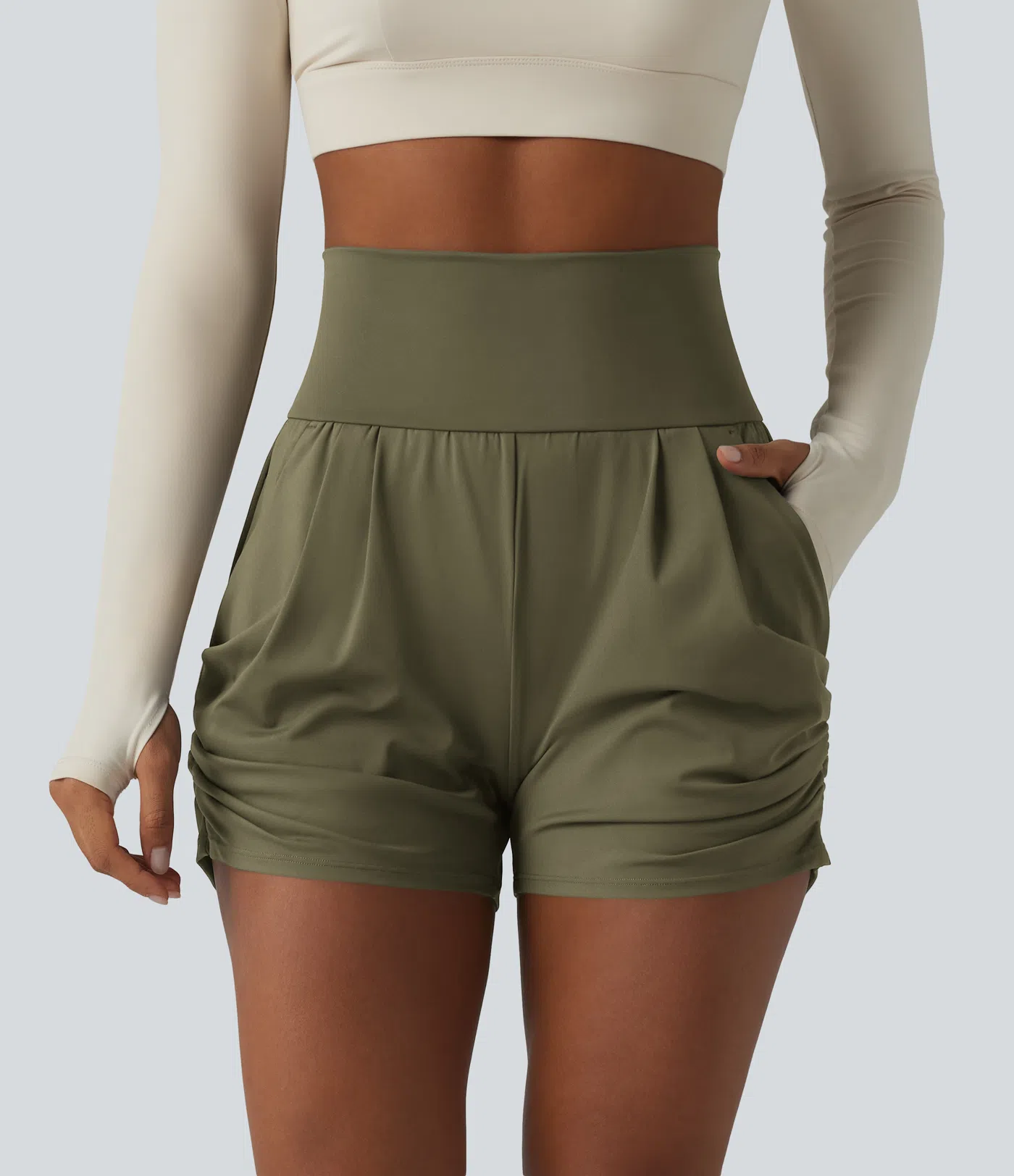 Airy High Waisted Ruched Cool Touch Yoga Shorts 3'' with Pockets