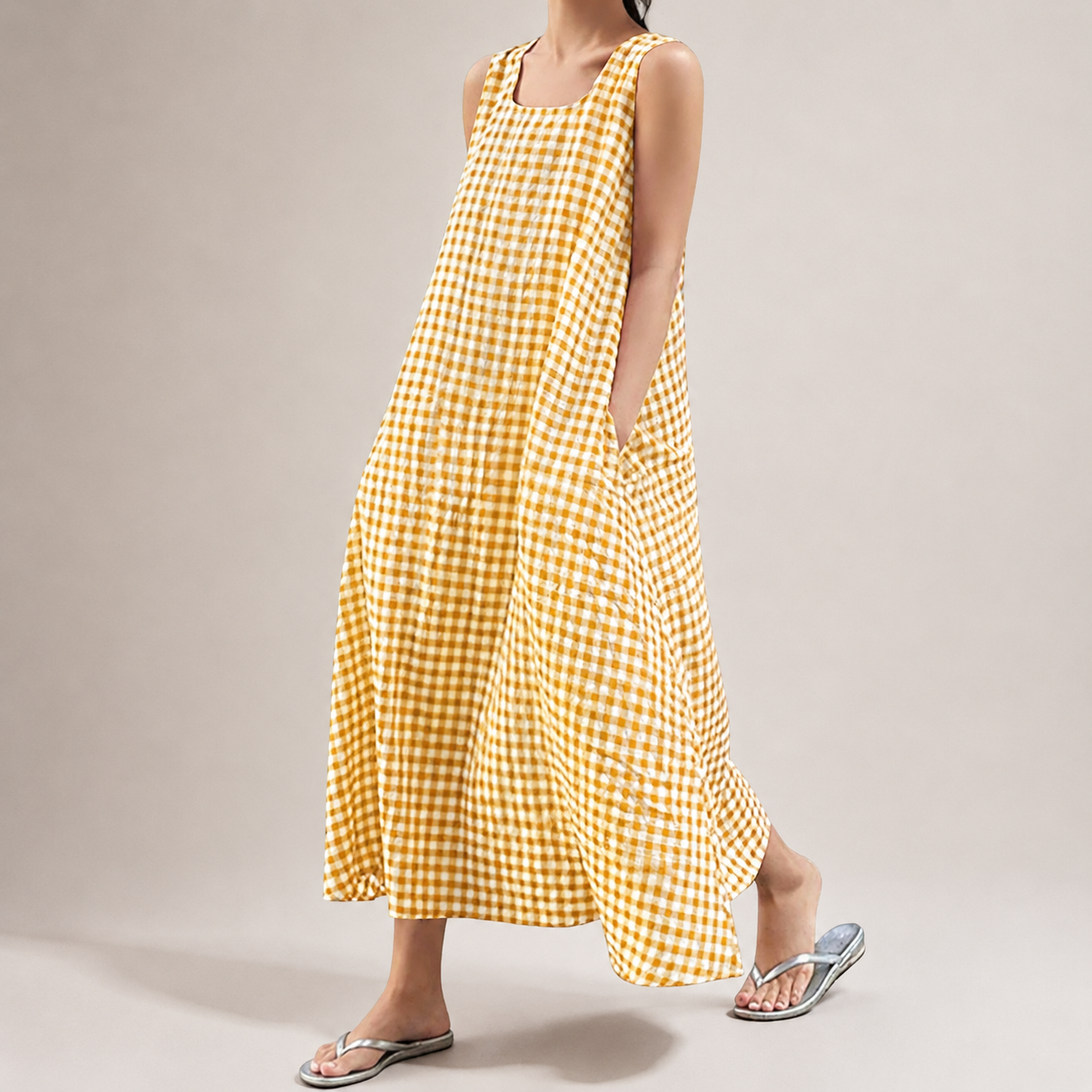 Women's Summer Casual Loose-Fit Cotton Plaid Tank Maxi Dress with Pockets Boho Beach Sundress