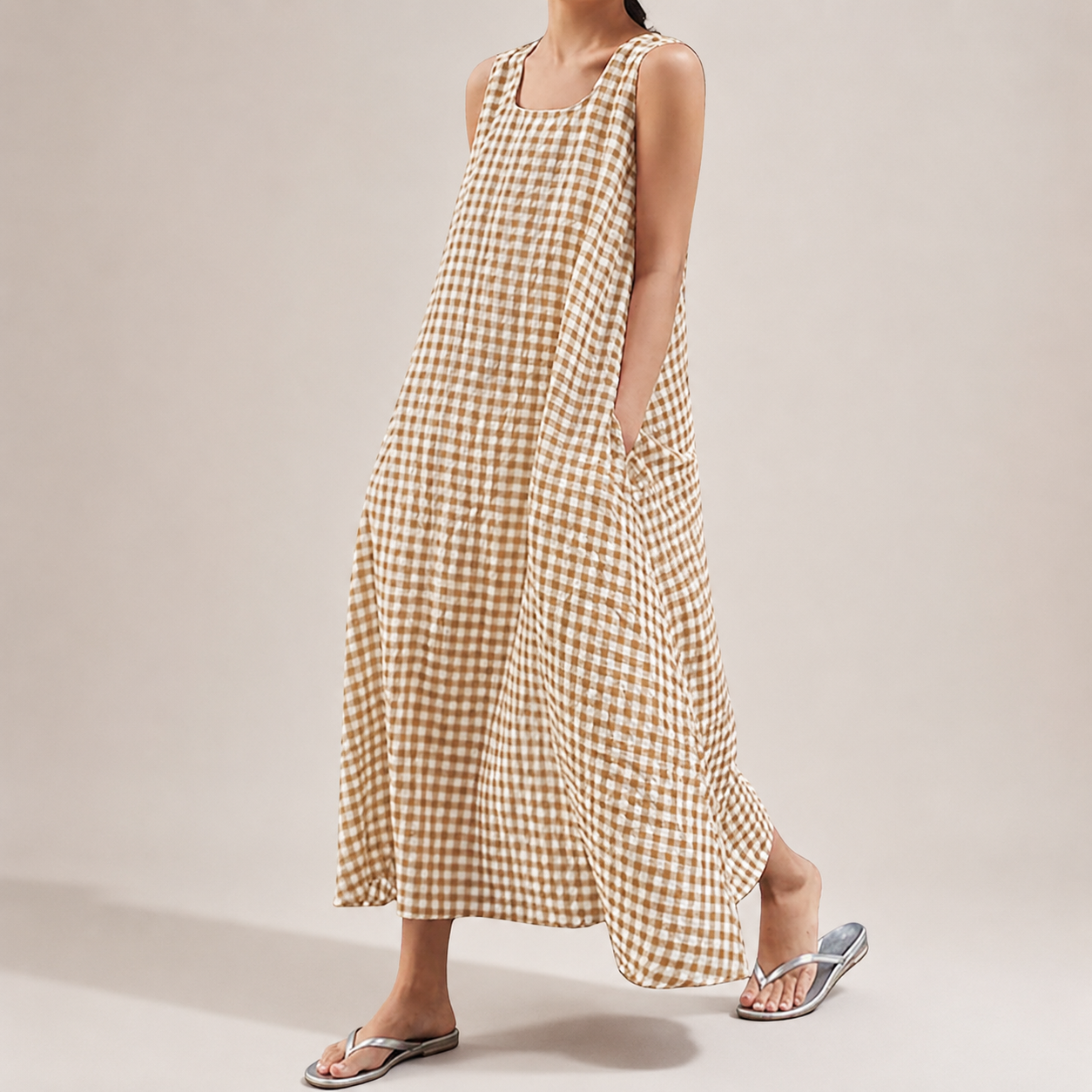Women's Summer Casual Loose-Fit Cotton Plaid Tank Maxi Dress with Pockets Boho Beach Sundress