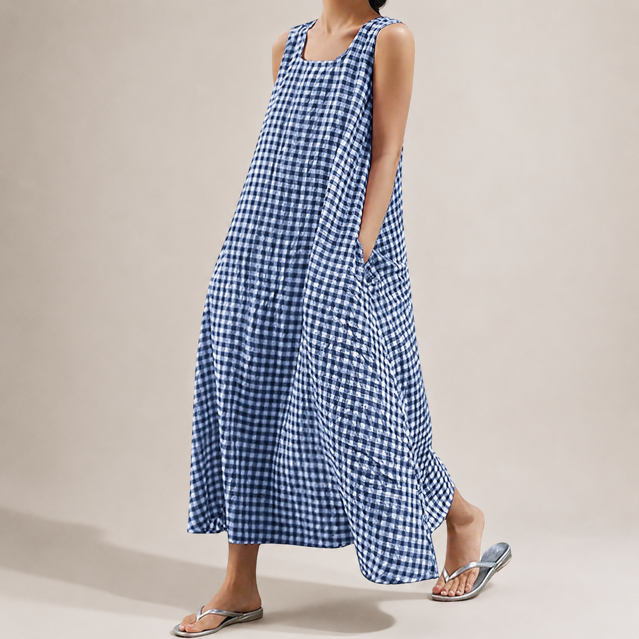 Women's Summer Casual Loose-Fit Cotton Plaid Tank Maxi Dress with Pockets Boho Beach Sundress
