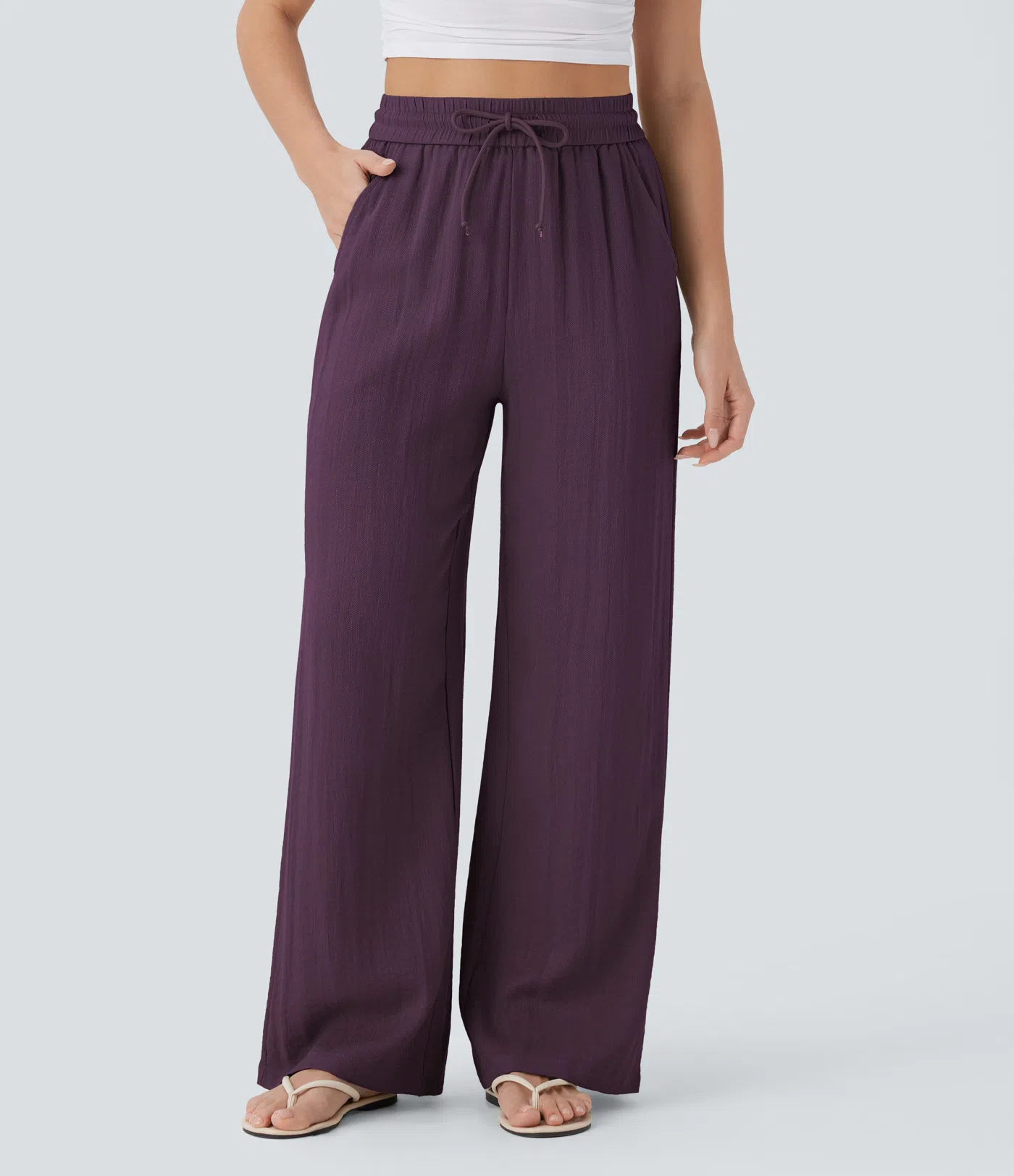 High Waisted Drawstring Pocket Wide Leg Baggy Casual Linen-Feel Pants