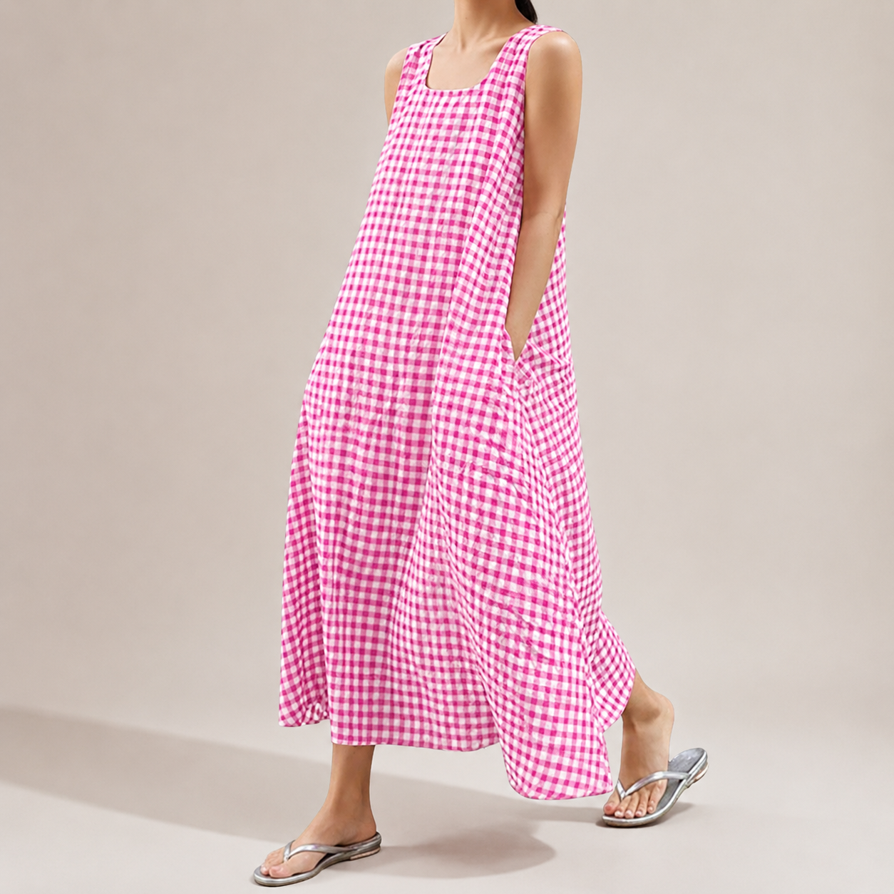 Women's Summer Casual Loose-Fit Cotton Plaid Tank Maxi Dress with Pockets Boho Beach Sundress