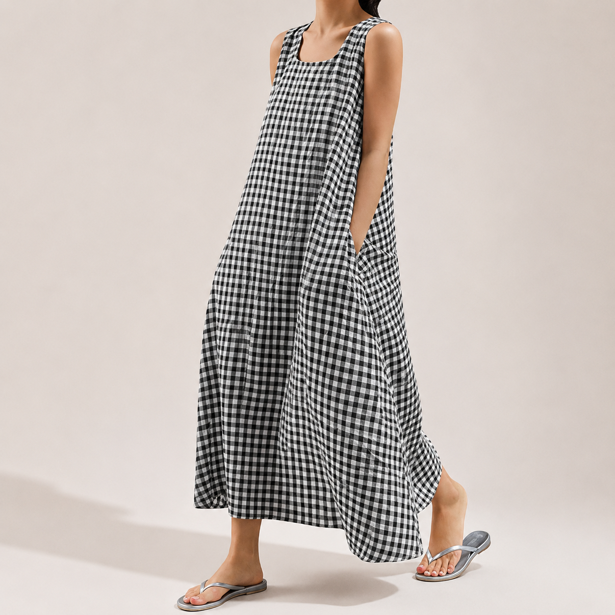Women's Summer Casual Loose-Fit Cotton Plaid Tank Maxi Dress with Pockets Boho Beach Sundress