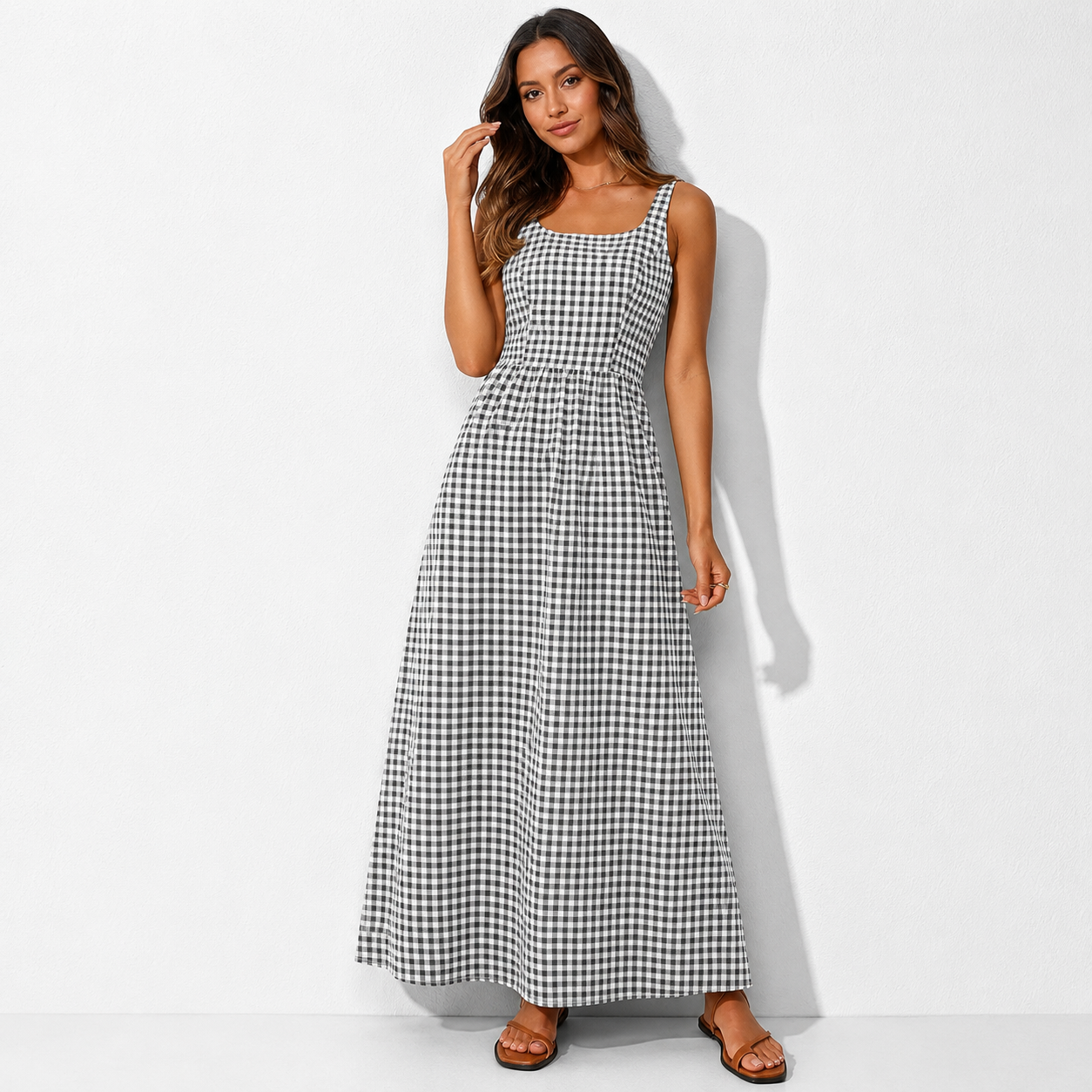 Women's 2026 Summer Spaghetti Strap Maxi Dresses Plaid Square Neck A Line Casual Beach Vacation Long Sundress