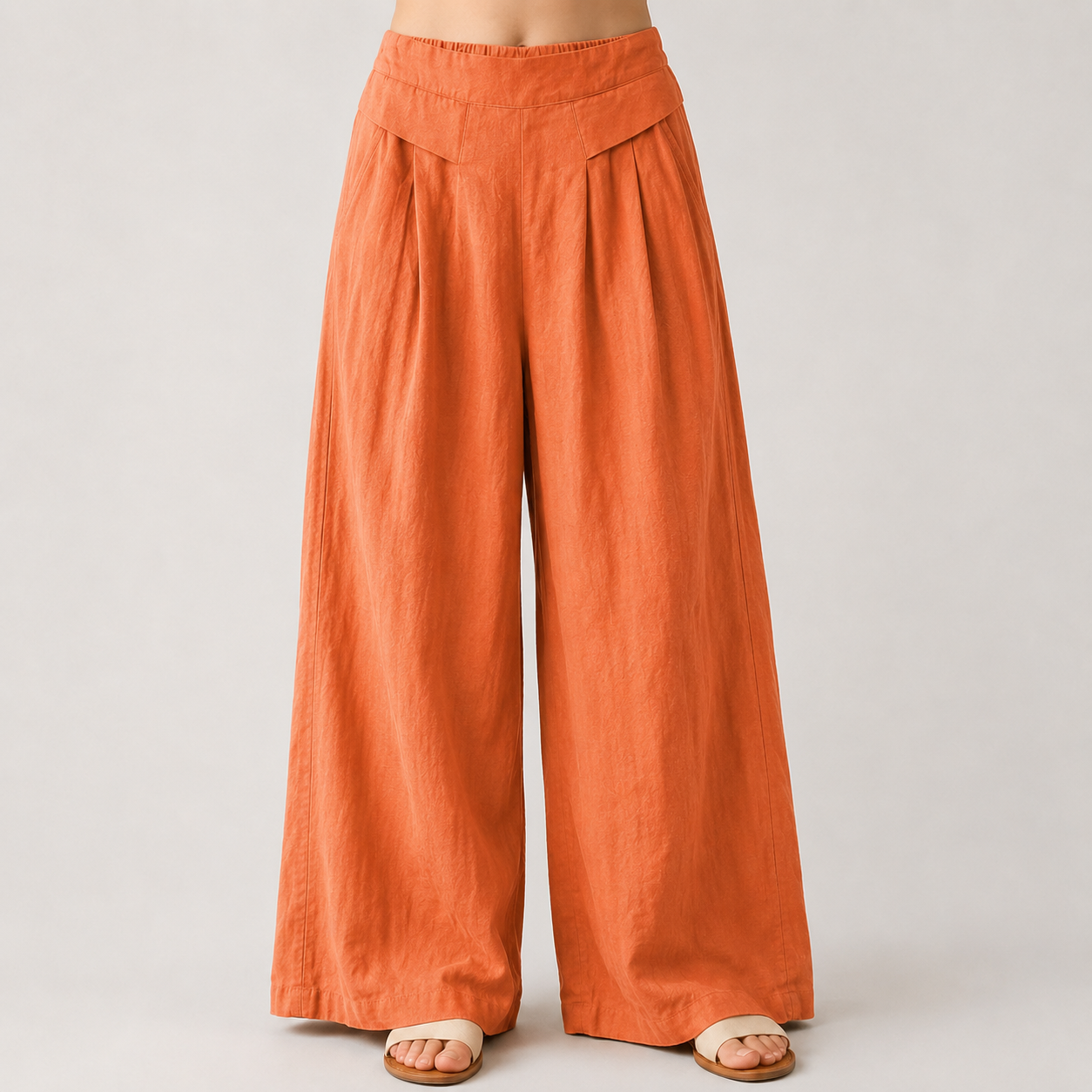 AuraLinen Plain Color Cotton Linen High Waist Wide Leg Pants With Pockets