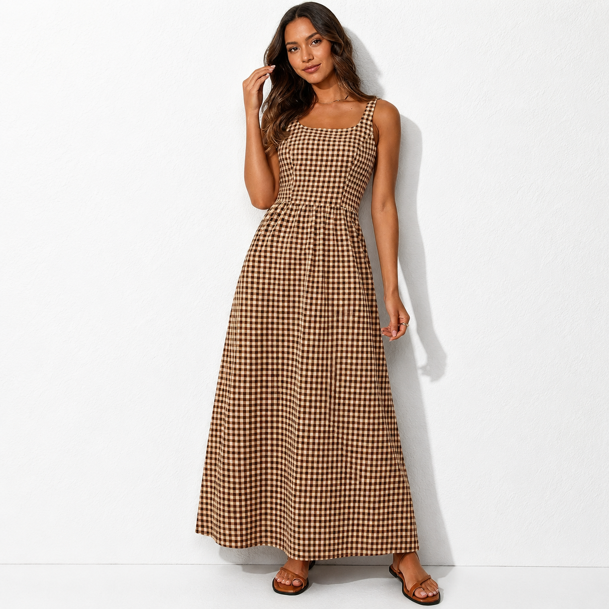 Women's 2026 Summer Spaghetti Strap Maxi Dresses Plaid Square Neck A Line Casual Beach Vacation Long Sundress