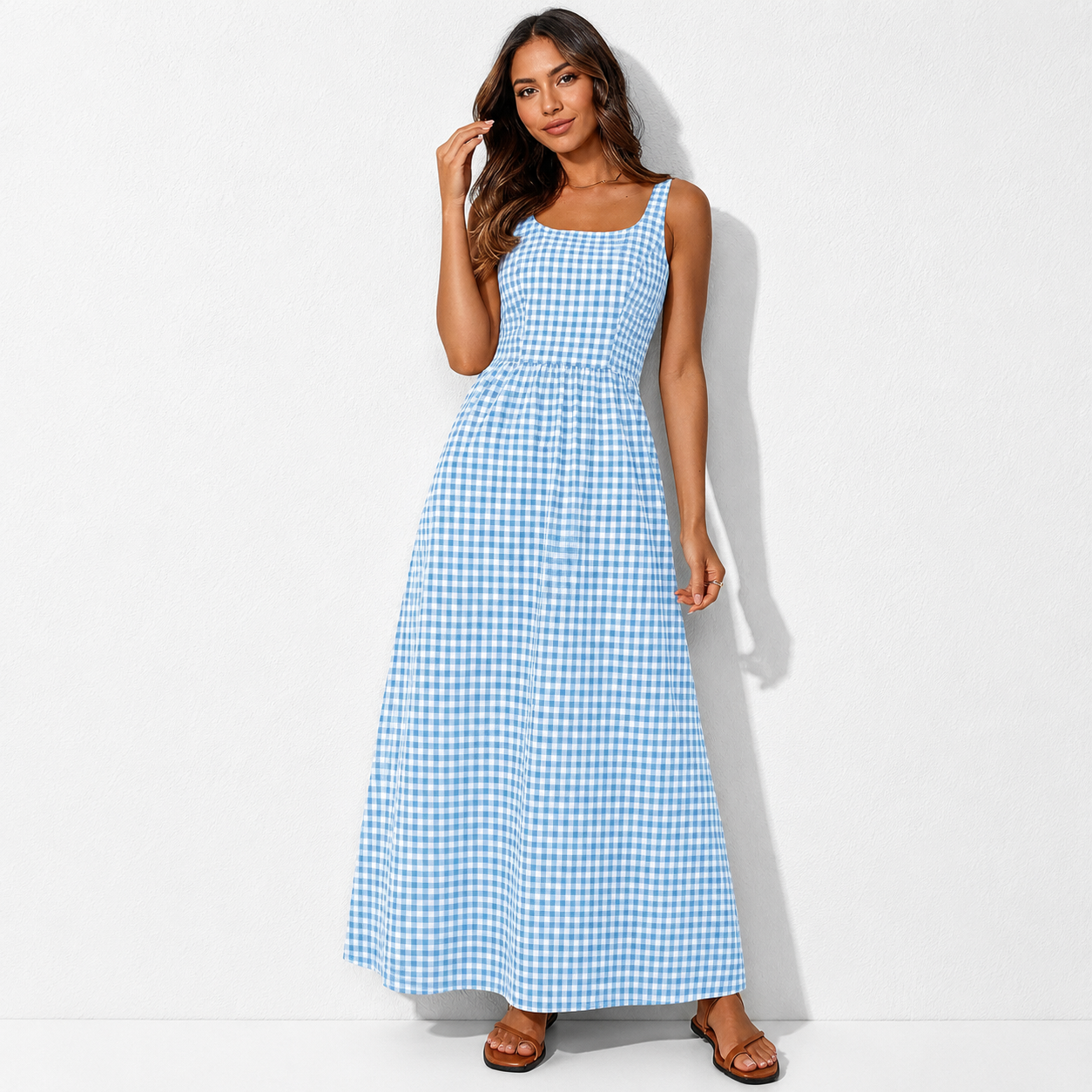 Women's 2026 Summer Spaghetti Strap Maxi Dresses Plaid Square Neck A Line Casual Beach Vacation Long Sundress