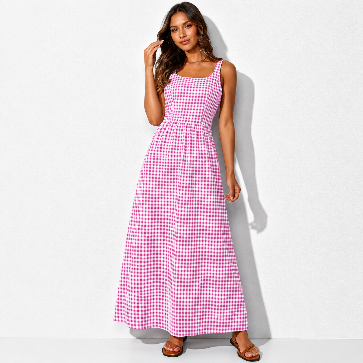 Women's 2026 Summer Spaghetti Strap Maxi Dresses Plaid Square Neck A Line Casual Beach Vacation Long Sundress