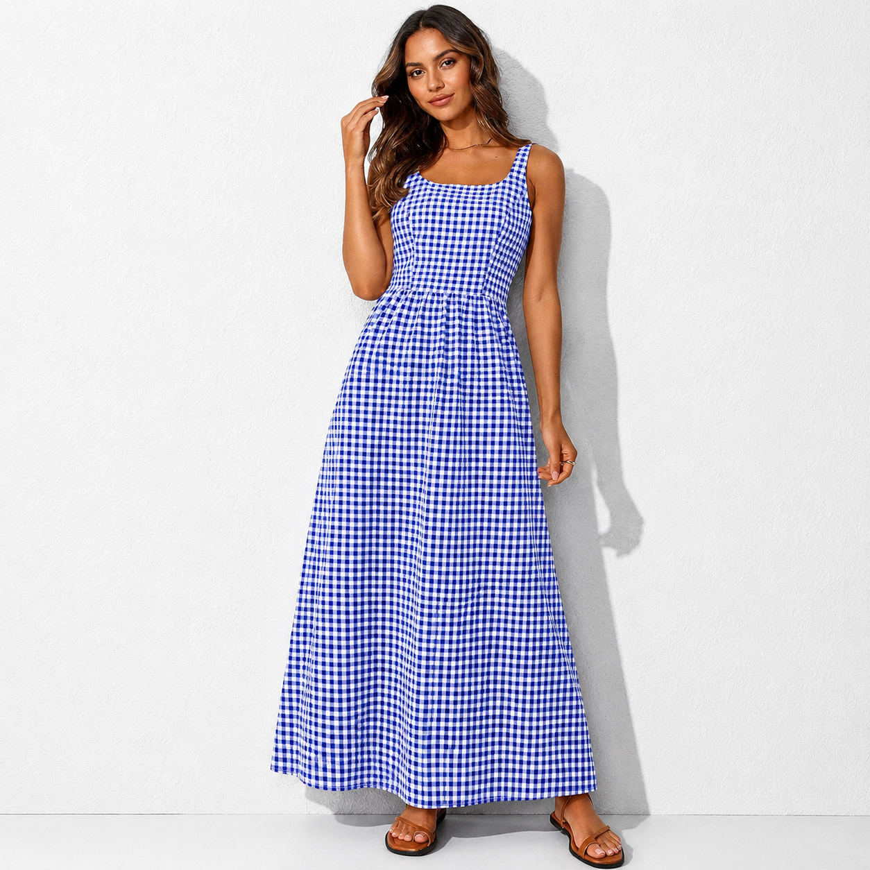 Women's 2026 Summer Spaghetti Strap Maxi Dresses Plaid Square Neck A Line Casual Beach Vacation Long Sundress