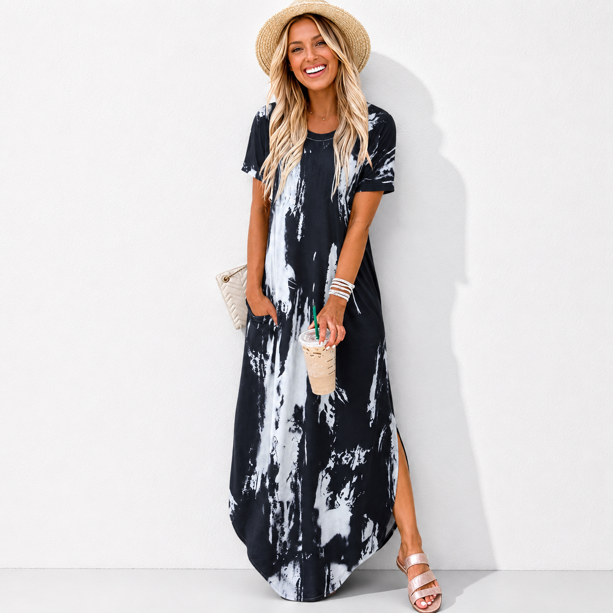 Womens Summer Maxi Dress Short Sleeve Casual Loose Long T Shirt Dresses Split Vacation Beach Sundress Travel Outfits