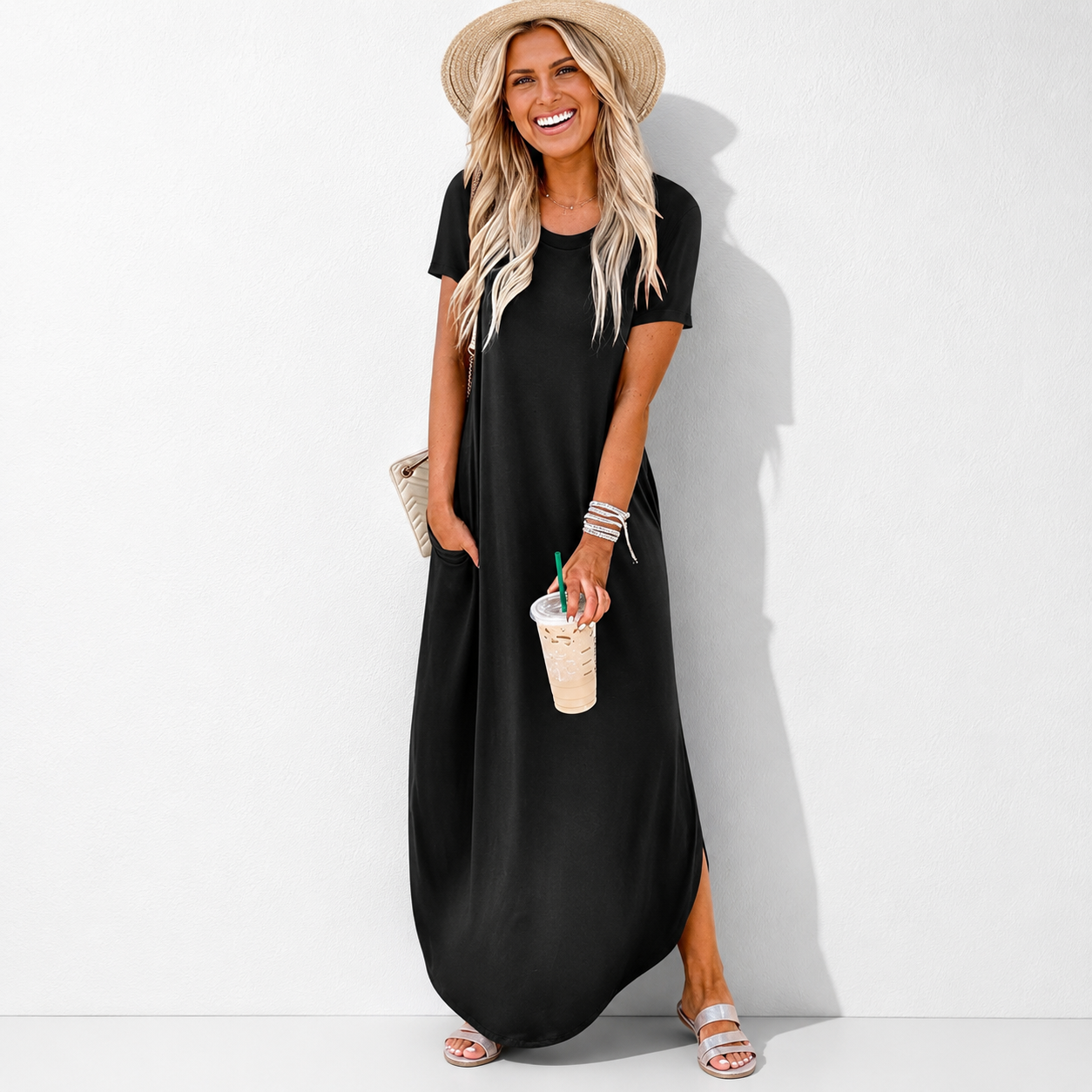Womens Summer Maxi Dress Short Sleeve Casual Loose Long T Shirt Dresses Split Vacation Beach Sundress Travel Outfits