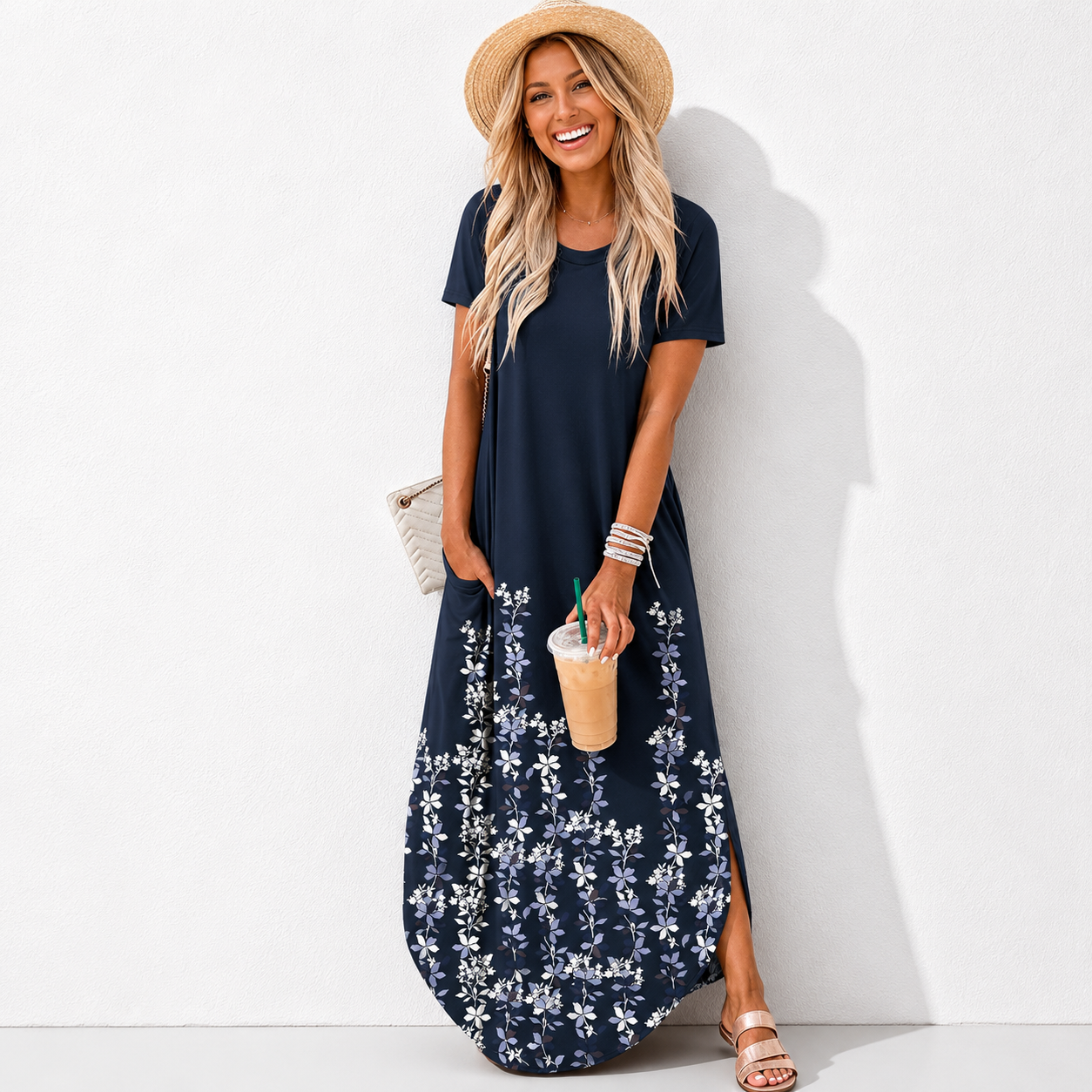 Womens Summer Maxi Dress Short Sleeve Casual Loose Long T Shirt Dresses Split Vacation Beach Sundress Travel Outfits