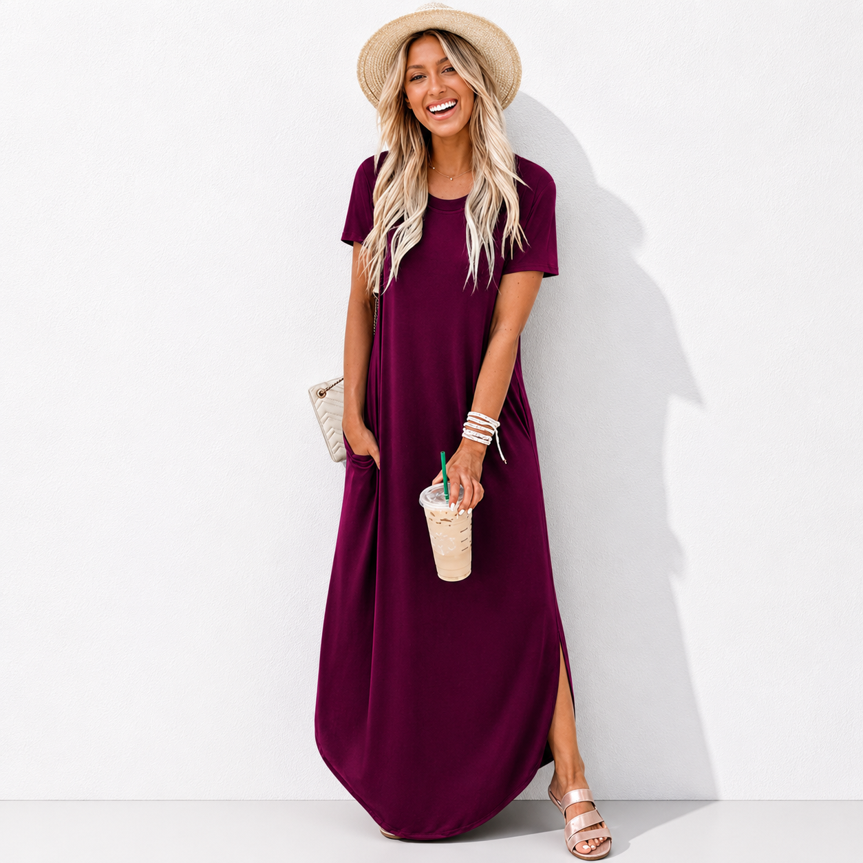 Womens Summer Maxi Dress Short Sleeve Casual Loose Long T Shirt Dresses Split Vacation Beach Sundress Travel Outfits