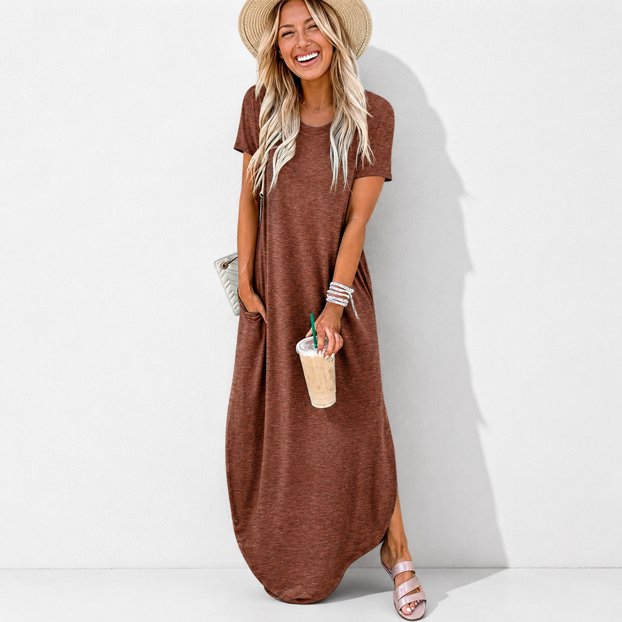 Womens Summer Maxi Dress Short Sleeve Casual Loose Long T Shirt Dresses Split Vacation Beach Sundress Travel Outfits