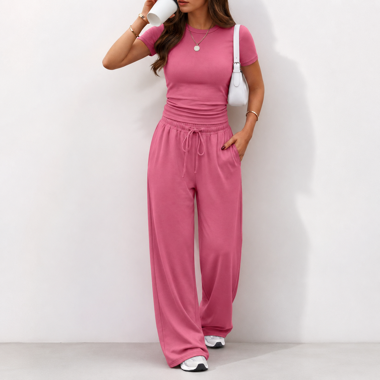 Trendy Queen 2 Piece Matching Summer Lounge Set Womens Side Ruching Top Wide Leg Pants Sets with Pockets