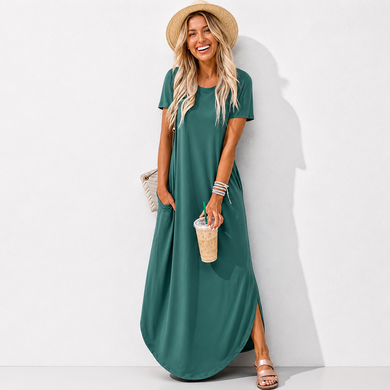 Womens Summer Maxi Dress Short Sleeve Casual Loose Long T Shirt Dresses Split Vacation Beach Sundress Travel Outfits