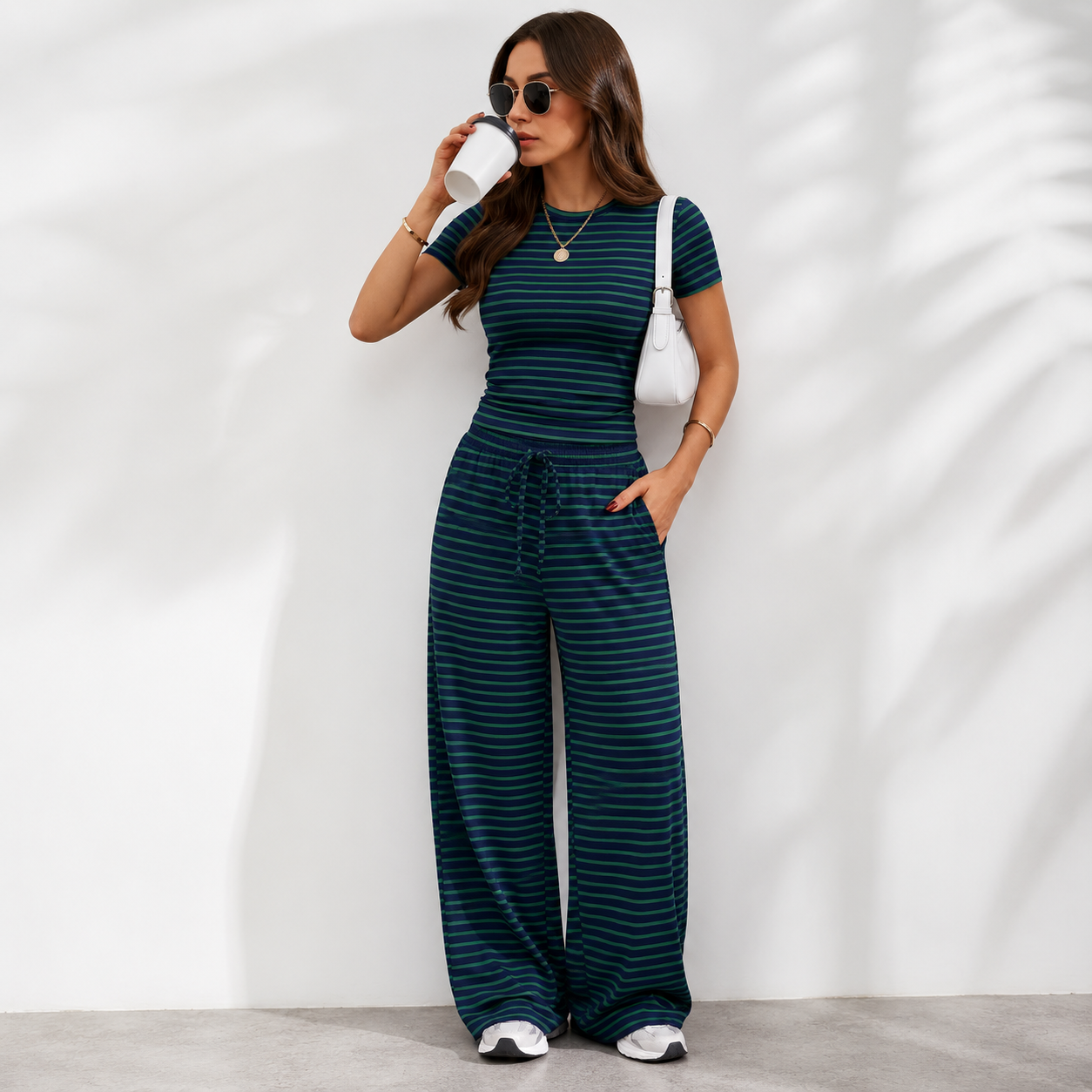Trendy Queen 2 Piece Matching Summer Lounge Set Womens Side Ruching Top Wide Leg Pants Sets with Pockets
