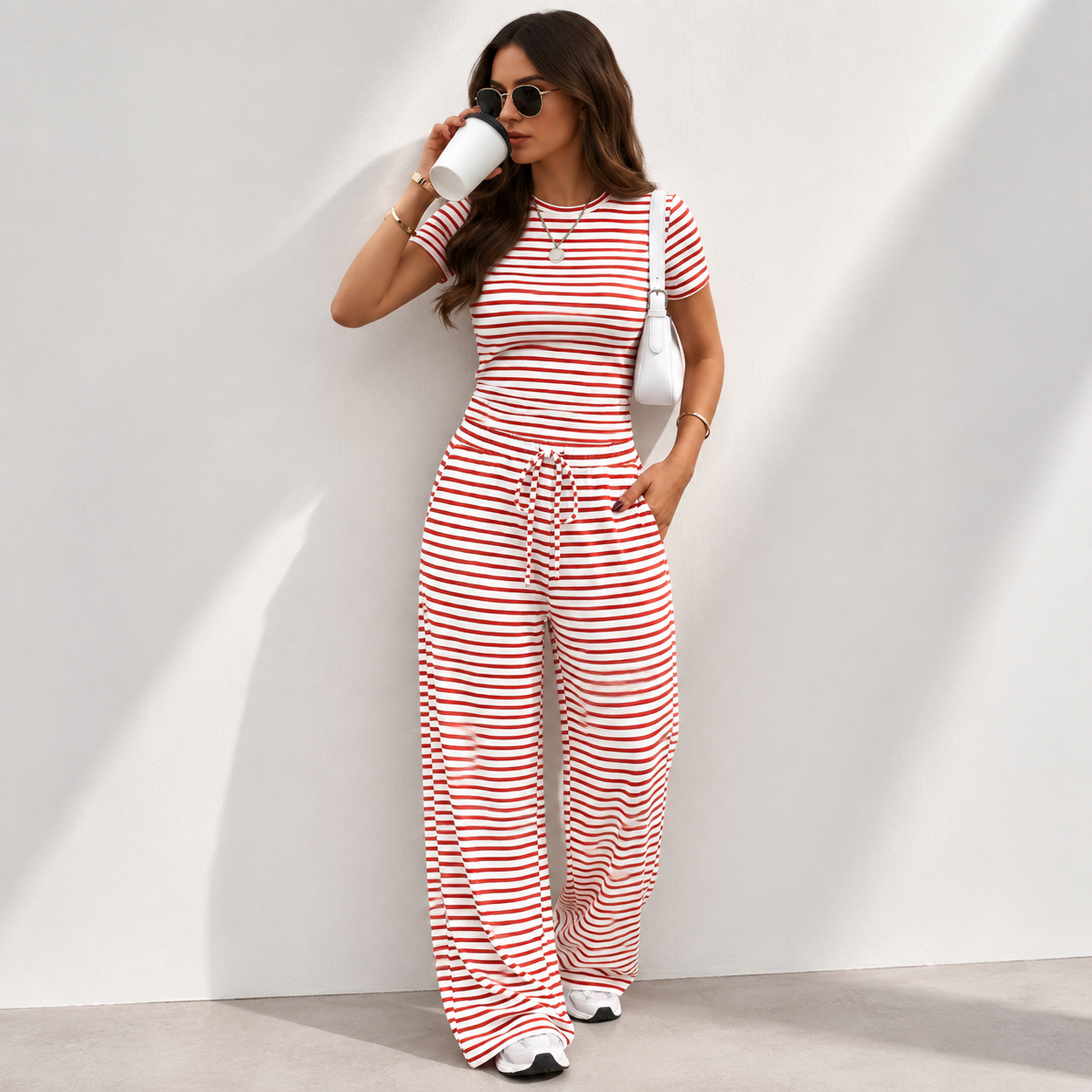 Trendy Queen 2 Piece Matching Summer Lounge Set Womens Side Ruching Top Wide Leg Pants Sets with Pockets