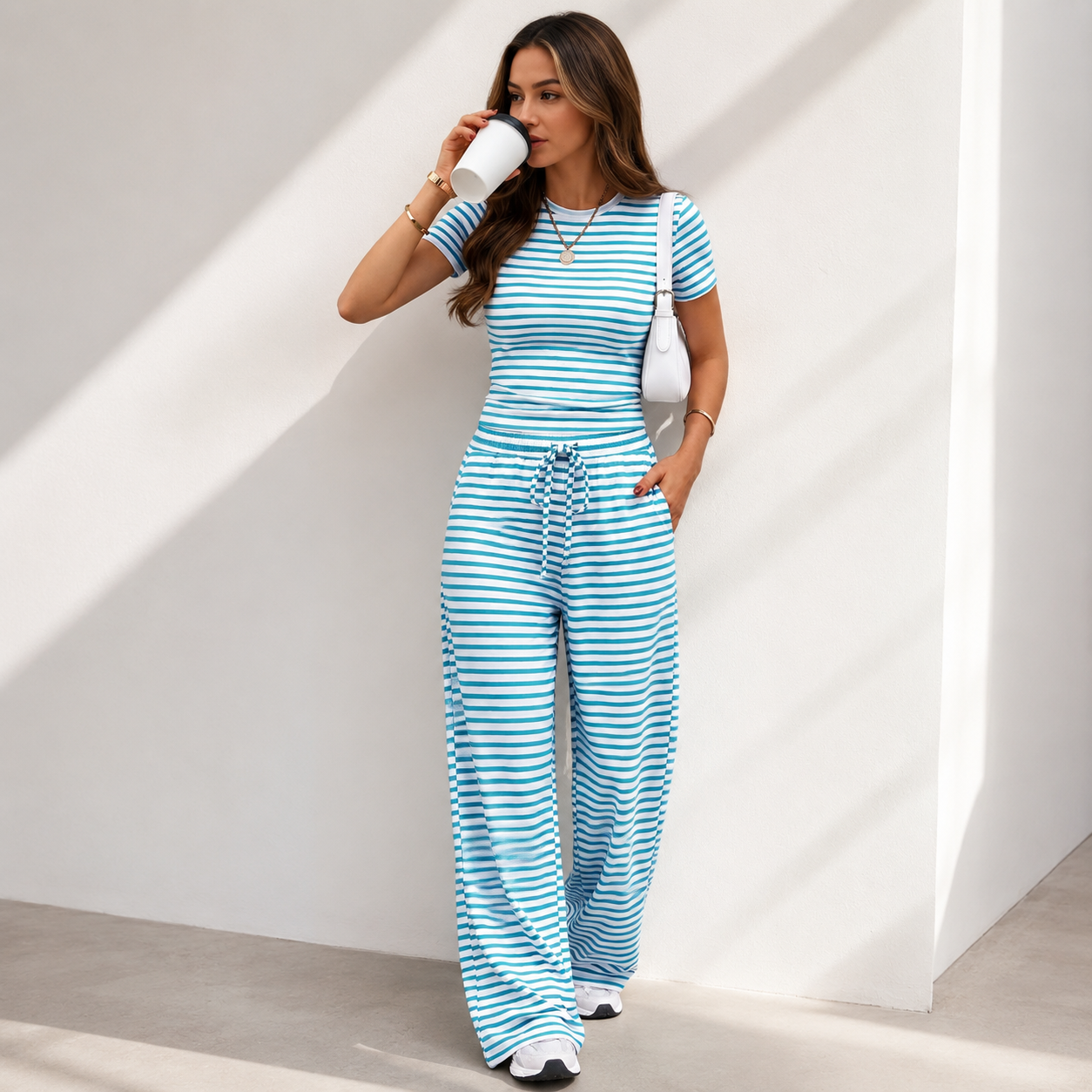 Trendy Queen 2 Piece Matching Summer Lounge Set Womens Side Ruching Top Wide Leg Pants Sets with Pockets