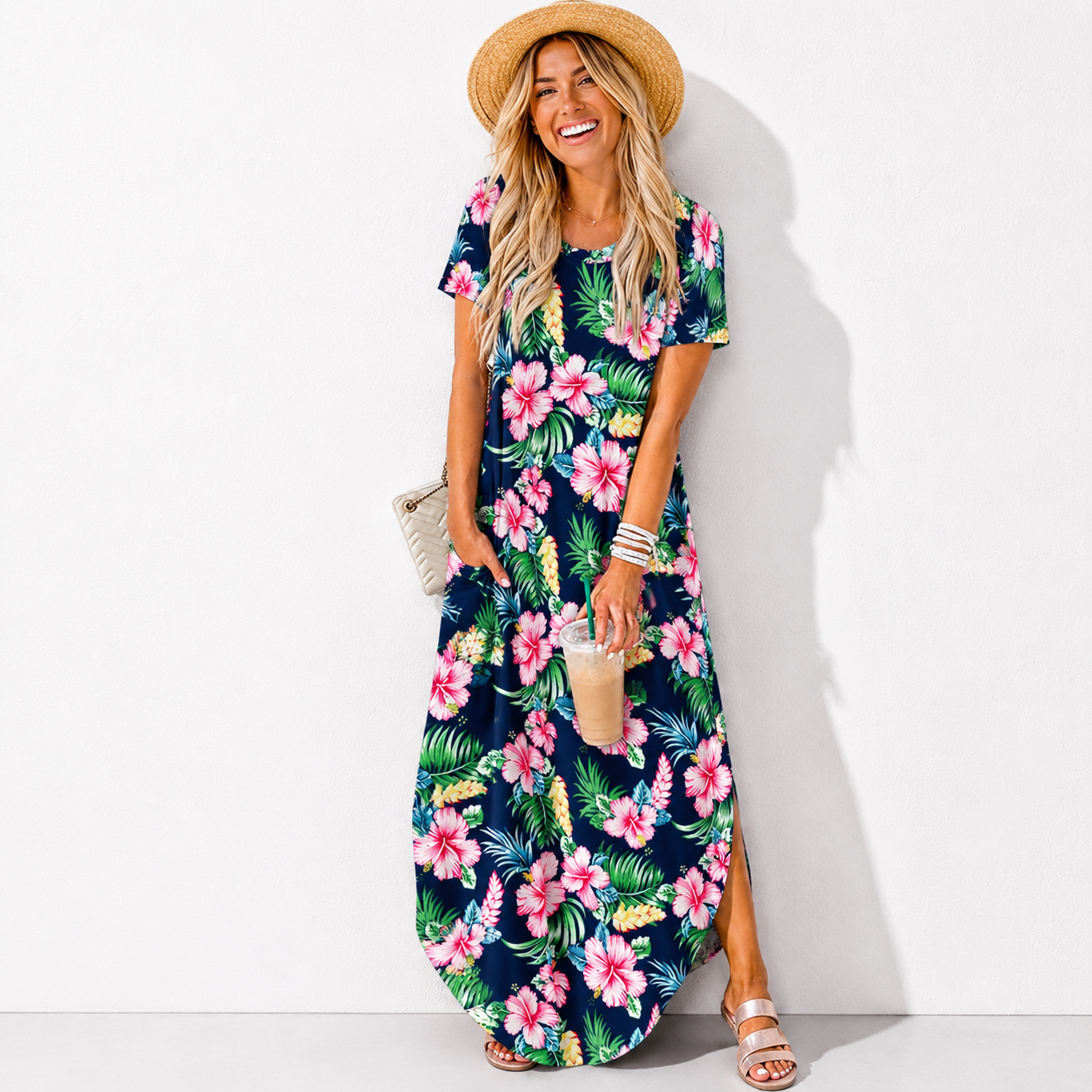 Womens Summer Maxi Dress Short Sleeve Casual Loose Long T Shirt Dresses Split Vacation Beach Sundress Travel Outfits