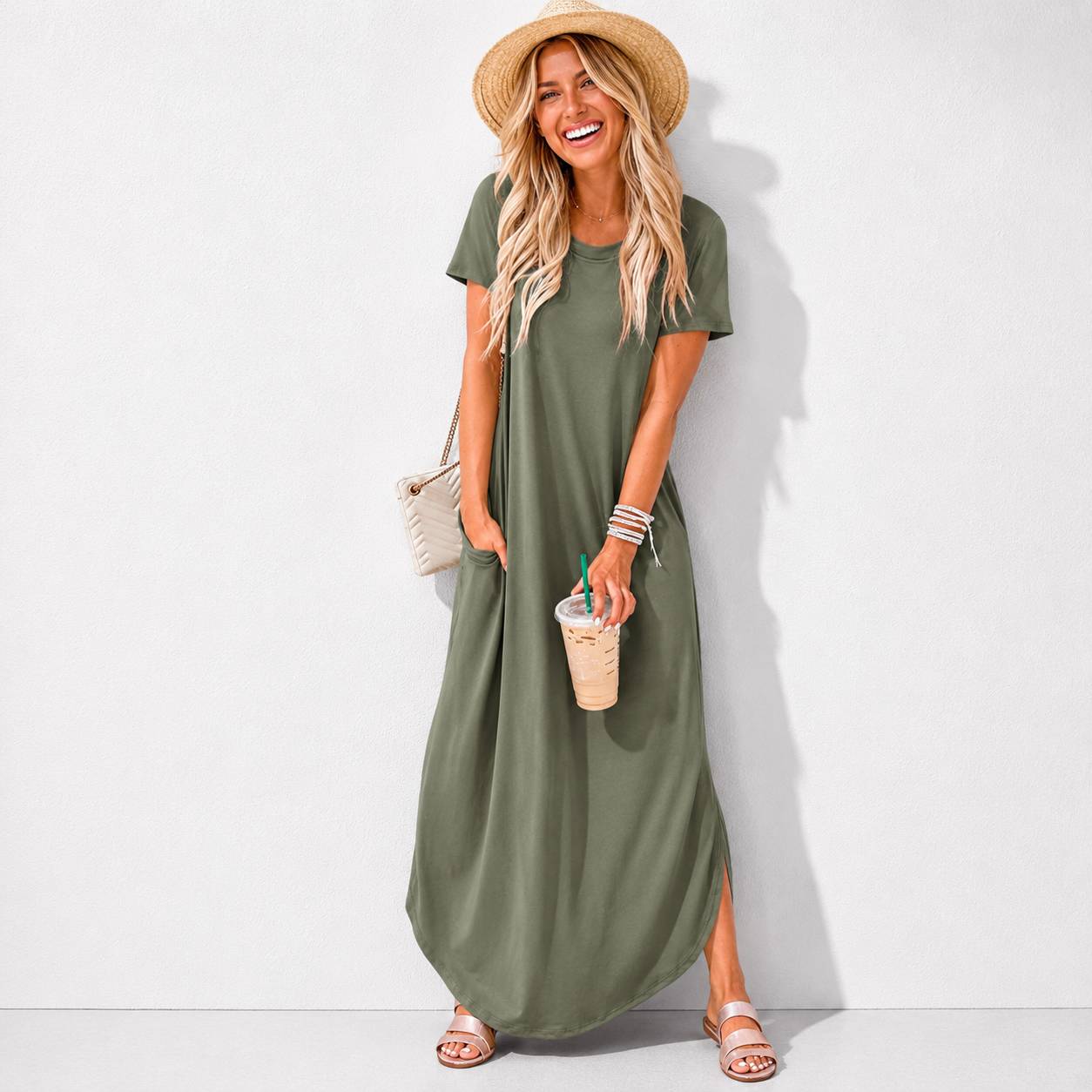 Womens Summer Maxi Dress Short Sleeve Casual Loose Long T Shirt Dresses Split Vacation Beach Sundress Travel Outfits