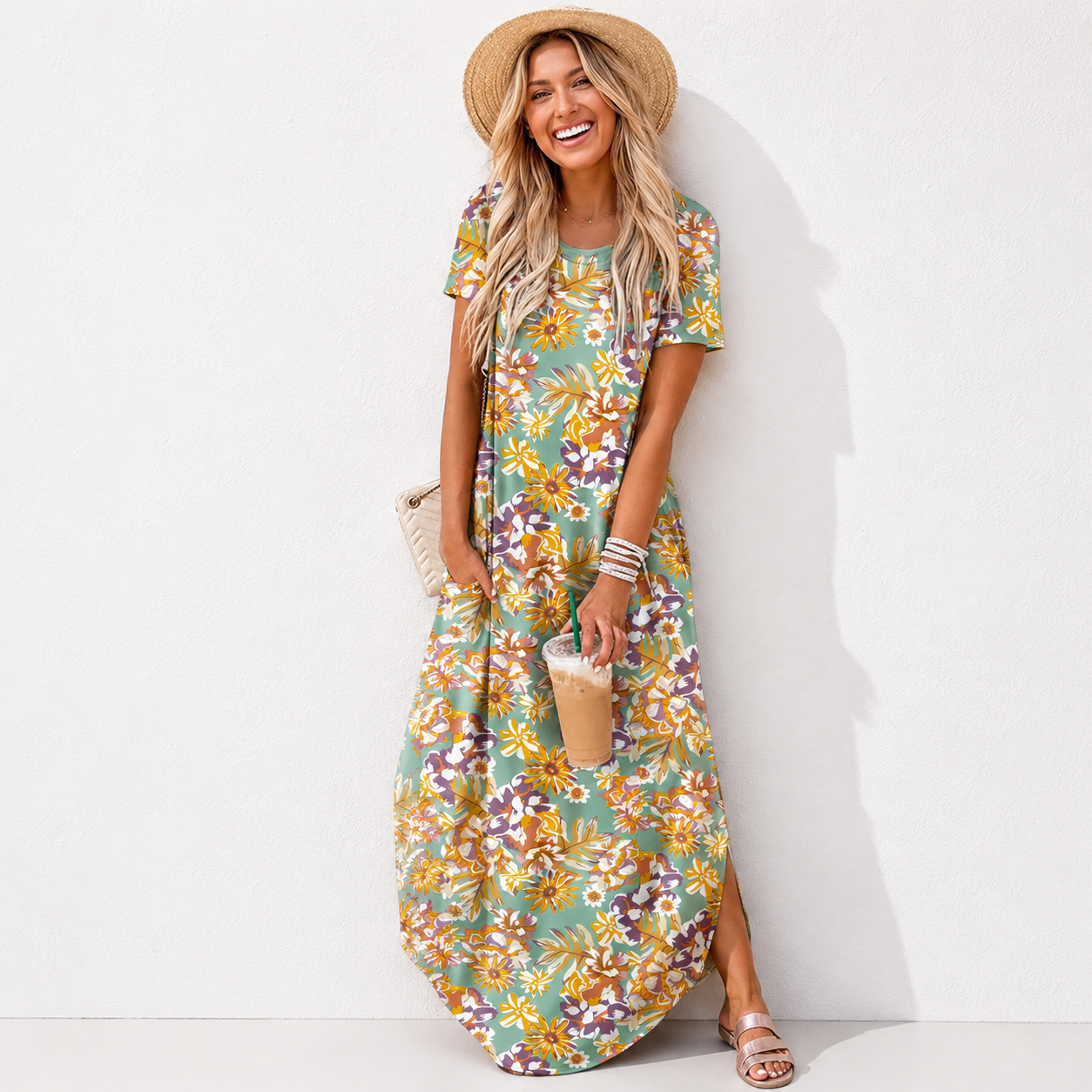 Womens Summer Maxi Dress Short Sleeve Casual Loose Long T Shirt Dresses Split Vacation Beach Sundress Travel Outfits