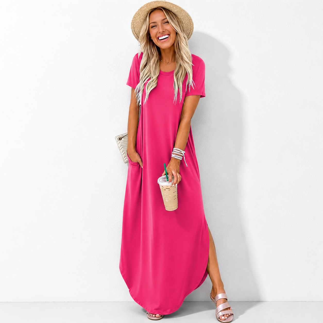 Womens Summer Maxi Dress Short Sleeve Casual Loose Long T Shirt Dresses Split Vacation Beach Sundress Travel Outfits
