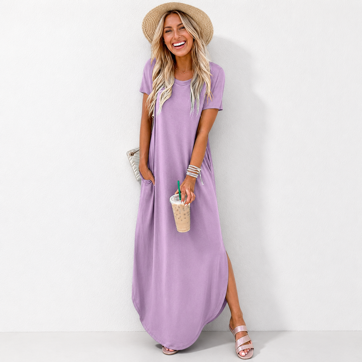 Womens Summer Maxi Dress Short Sleeve Casual Loose Long T Shirt Dresses Split Vacation Beach Sundress Travel Outfits