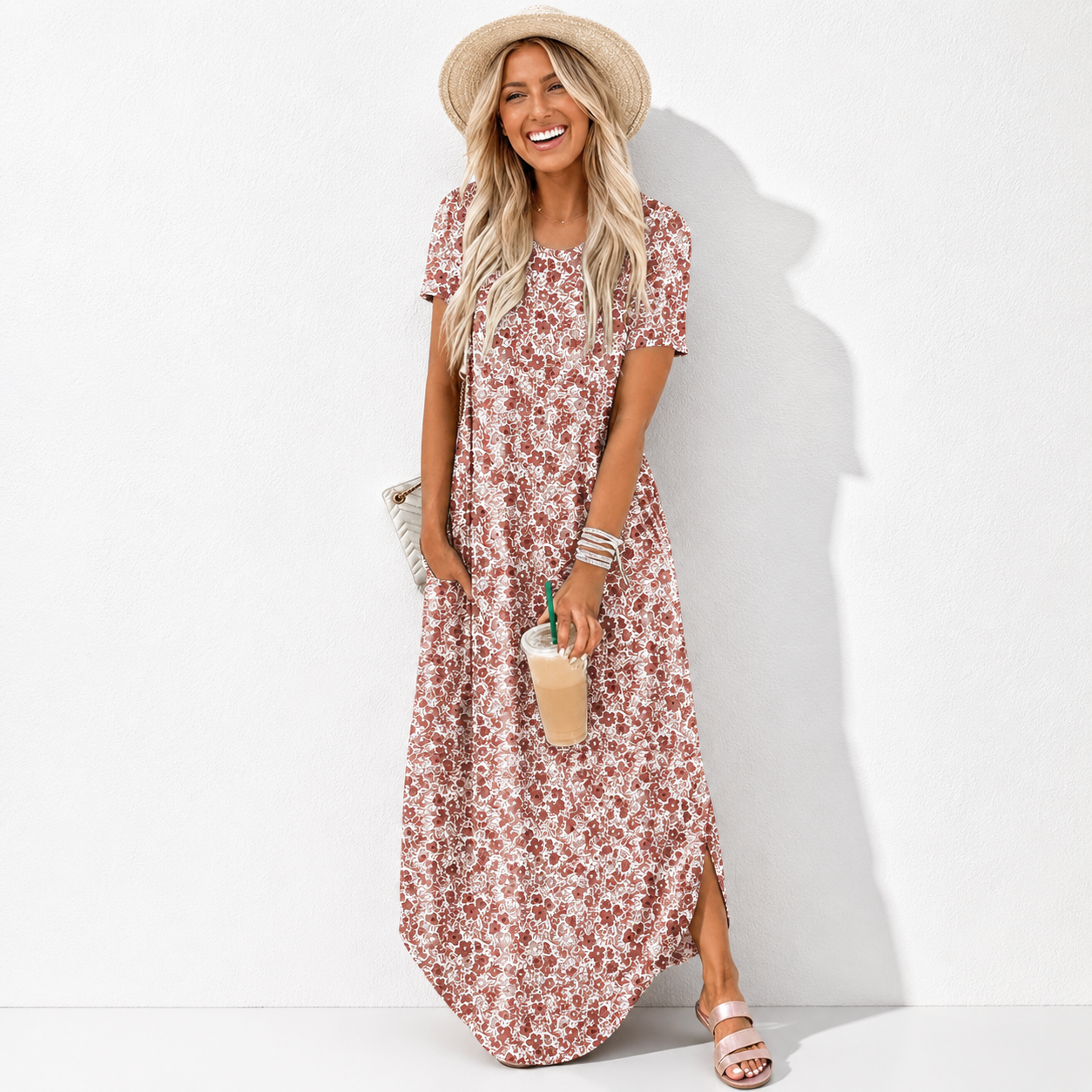 Womens Summer Maxi Dress Short Sleeve Casual Loose Long T Shirt Dresses Split Vacation Beach Sundress Travel Outfits