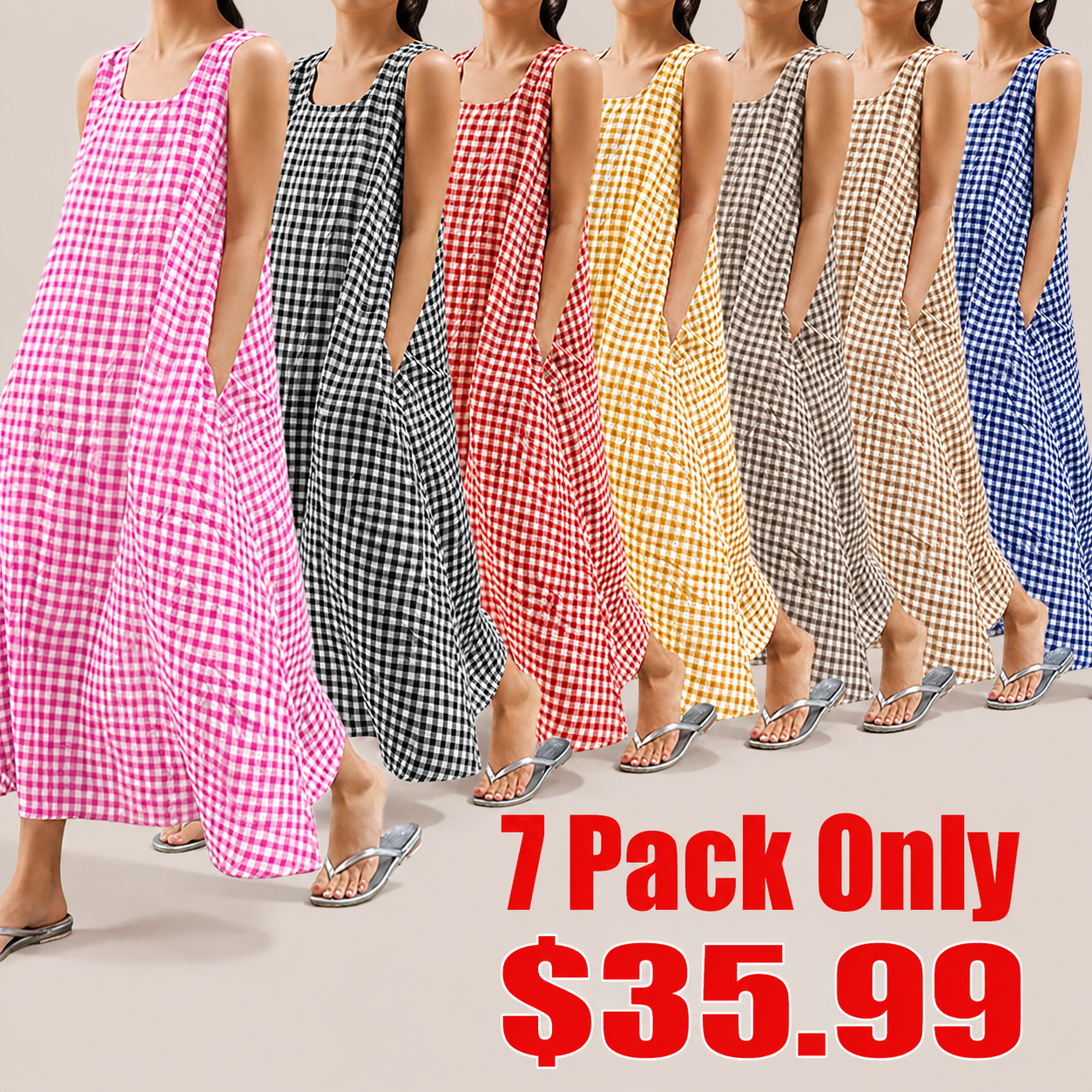 Women's Summer Casual Loose-Fit Cotton Plaid Tank Maxi Dress with Pockets Boho Beach Sundress