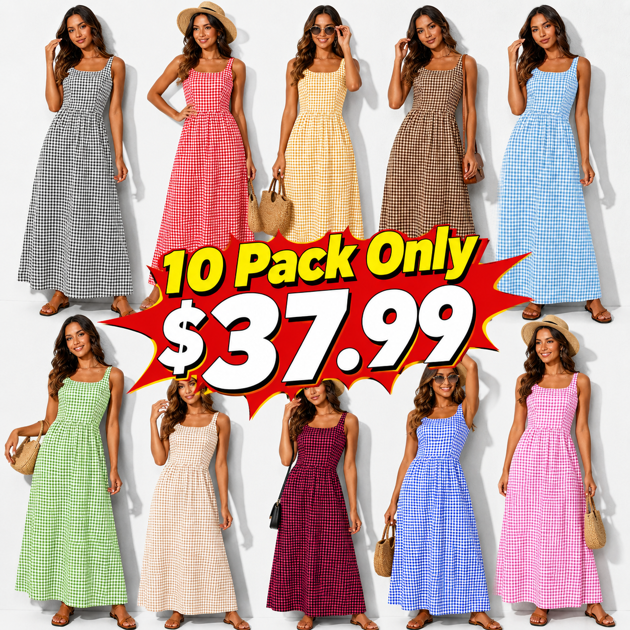 Women's 2026 Summer Spaghetti Strap Maxi Dresses Plaid Square Neck A Line Casual Beach Vacation Long Sundress