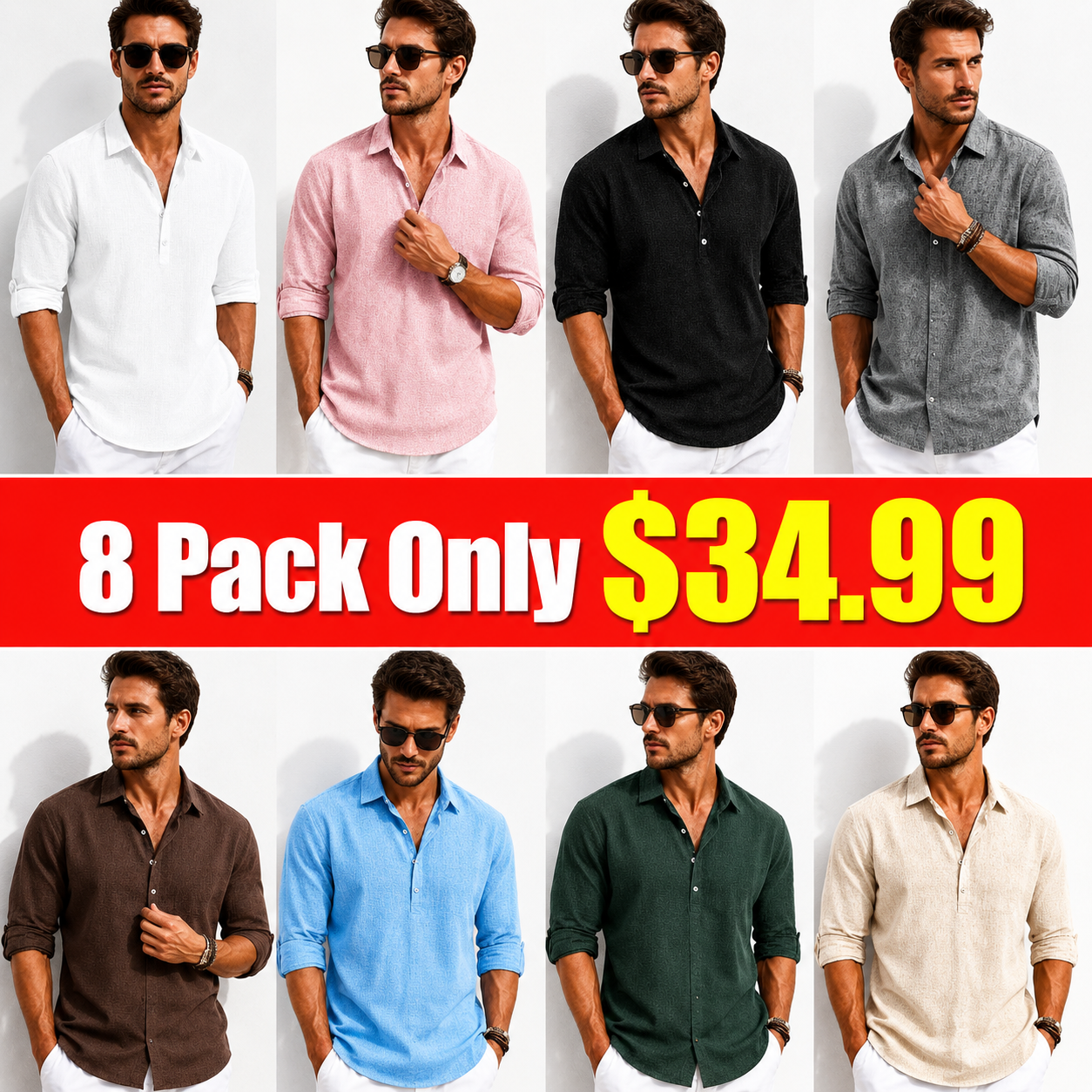 Men's Breathable Linen Henley Shirt –3/4 Sleeves Polo Shirt- Casual Roll-Up Sleeve Summer Essential