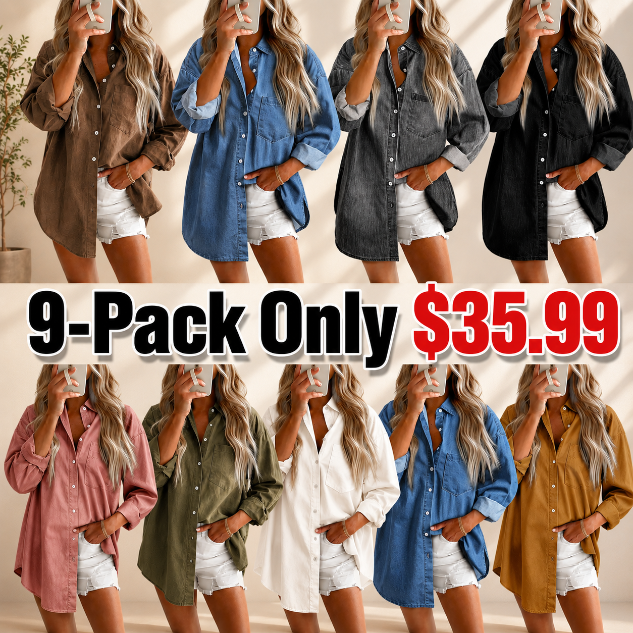 Astylish Women Denim Shirts Button Down Blouse V Neck Casual Tops
