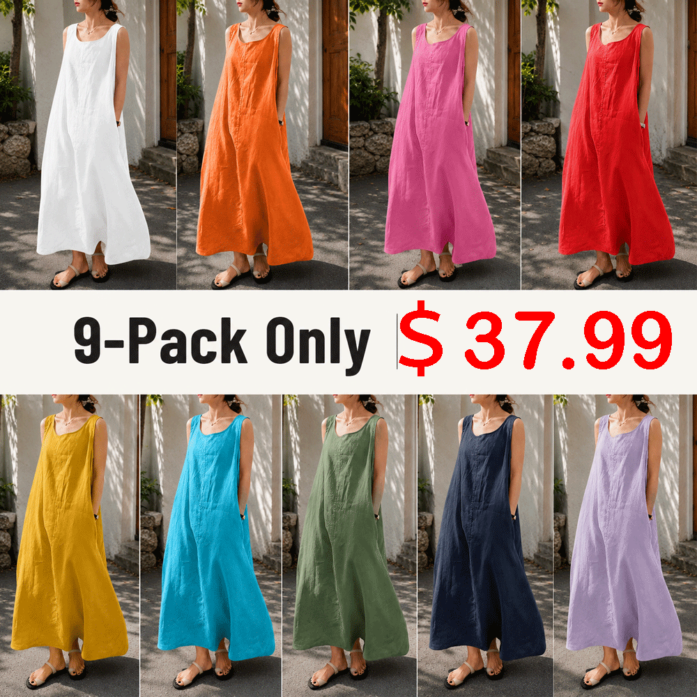Women's Summer Casual Sleeveless Cotton Sun Dress Maxi Tunic Tank Beach Dress with Pocket