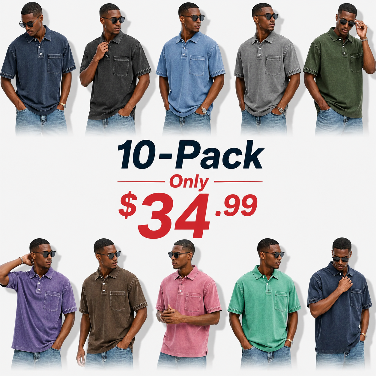 Men's Retro Distressed Lapel Short-sleeved Pocket Polo Shirt/10 Packs for $34.99