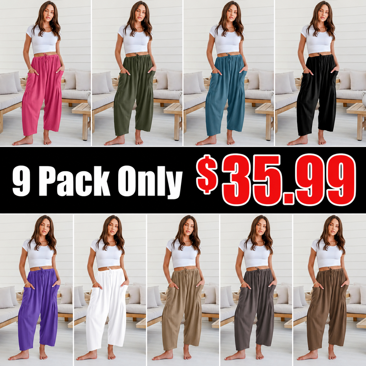 Women's Linen Wide Leg Pants Casual Loose Drawstring Low Waist with Pockets