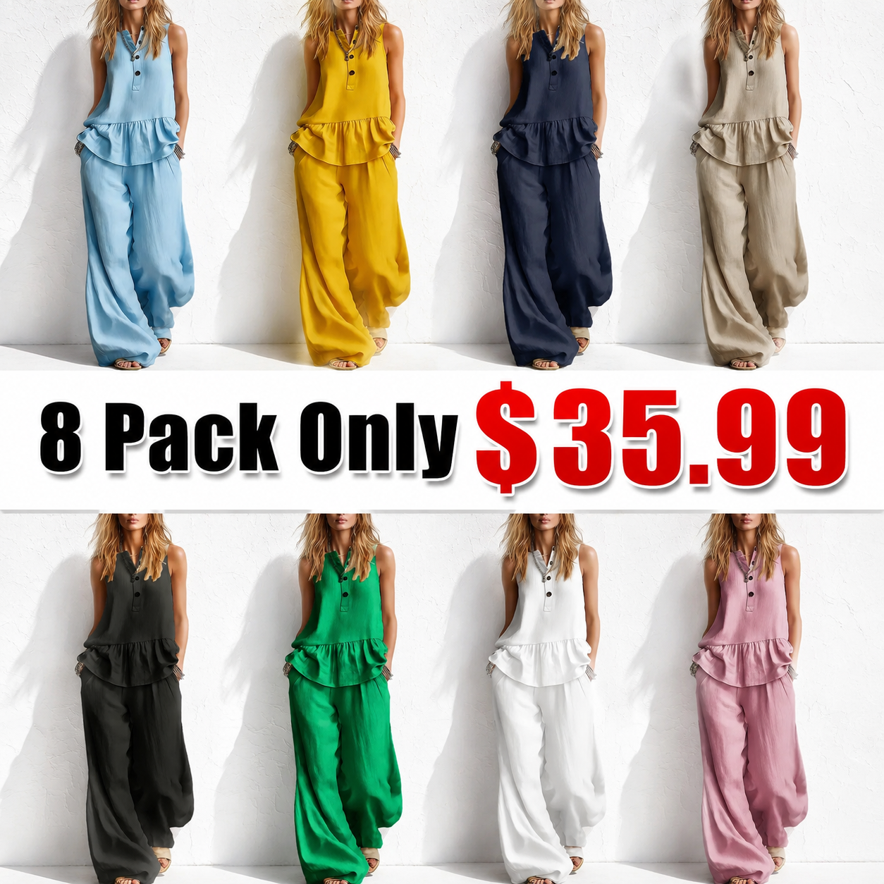 Women's Sleeveless Ruffle Hem Two-Piece Lounge Set – Casual Loose Fit Tank Top & Wide Leg Pants