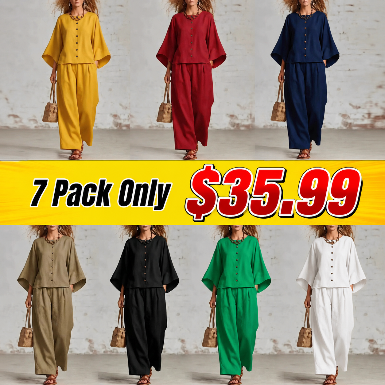 Women's Casual Button Front Two-Piece Lounge Set – Loose Fit Batwing Sleeve Top & Wide Leg Pants