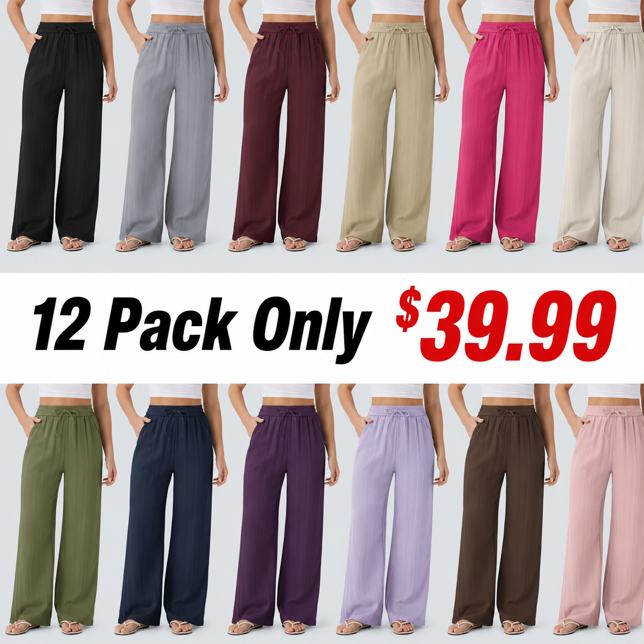 High Waisted Drawstring Pocket Wide Leg Baggy Casual Linen-Feel Pants