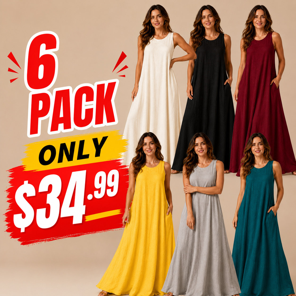 Women's Sleeveless Linen Maxi Dress Casual Long Dresses with Pockets