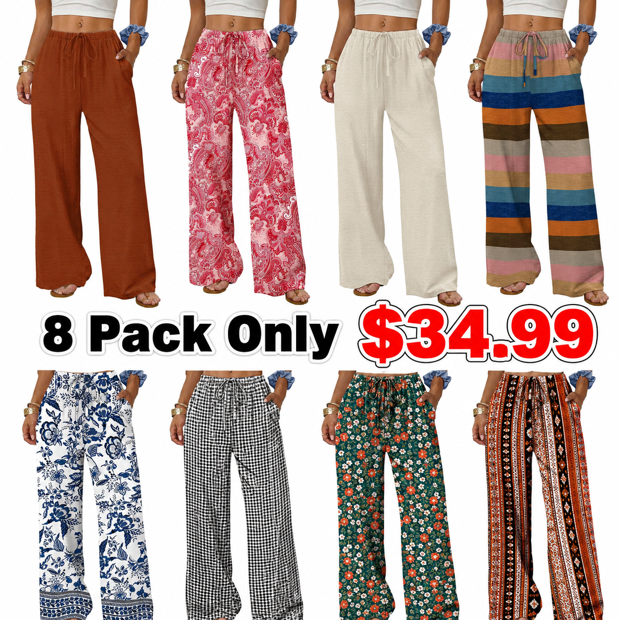 Sampeel Wide Leg Pants for Women Flowy Palazzo Drawstring Elastic Waist Trousers with Pockets Summer Beach Vacation Clothes