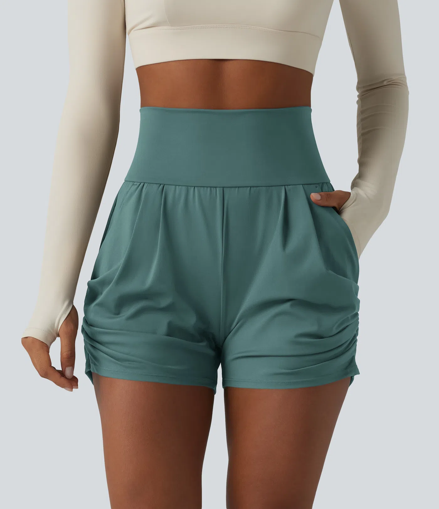Airy High Waisted Ruched Cool Touch Yoga Shorts 3'' with Pockets