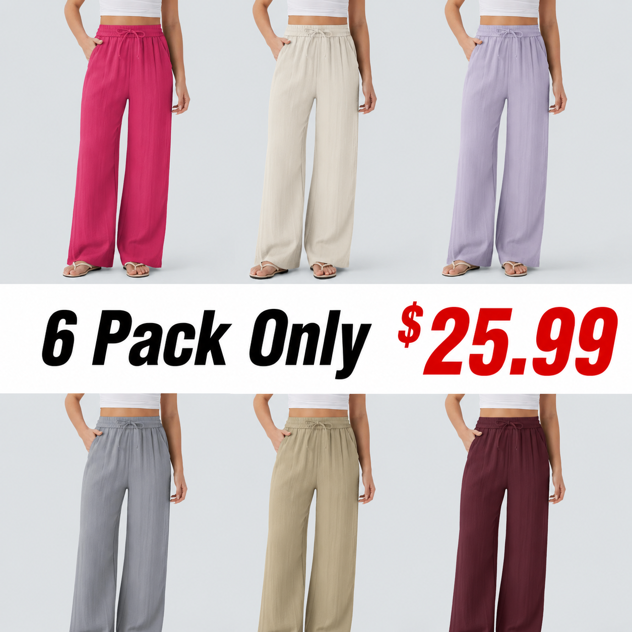 High Waisted Drawstring Pocket Wide Leg Baggy Casual Linen-Feel Pants