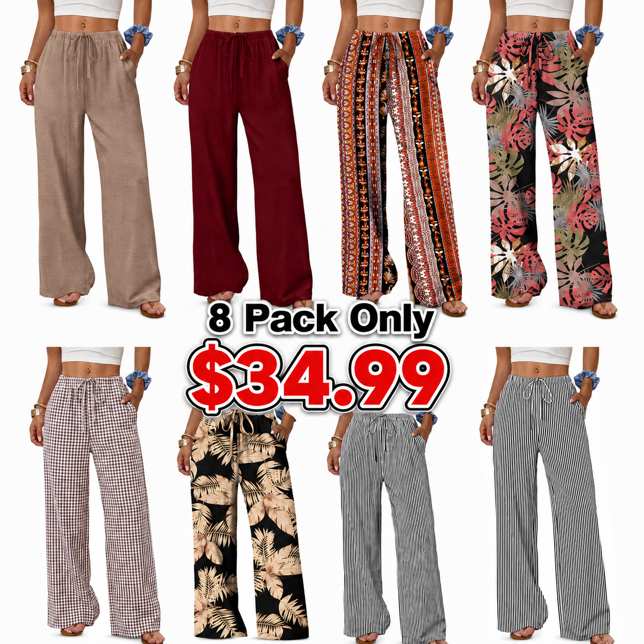 Sampeel Wide Leg Pants for Women Flowy Palazzo Drawstring Elastic Waist Trousers with Pockets Summer Beach Vacation Clothes
