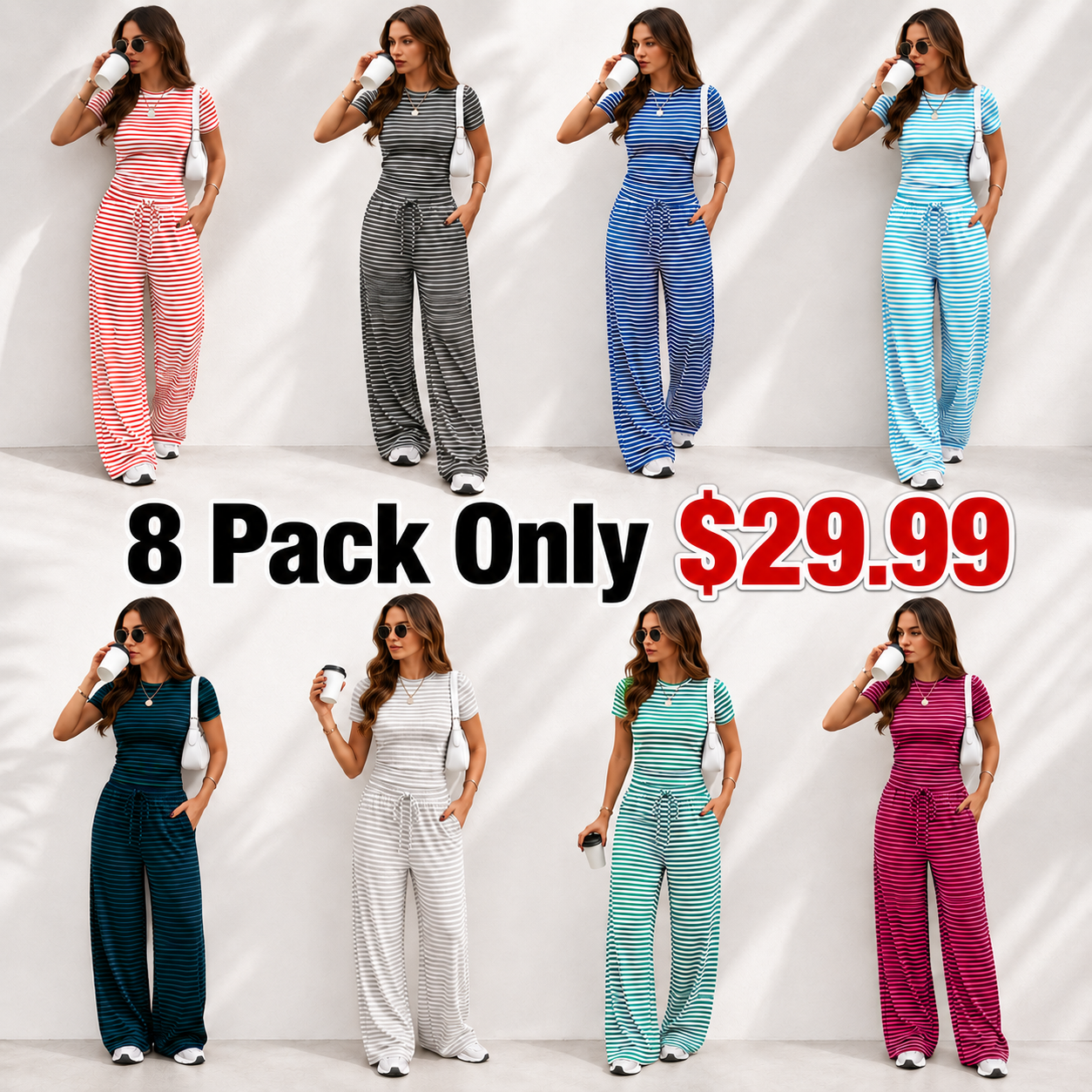 2 Piece Matching Summer Lounge Set Womens Side Ruching Top Wide Leg Pants Sets with Pockets