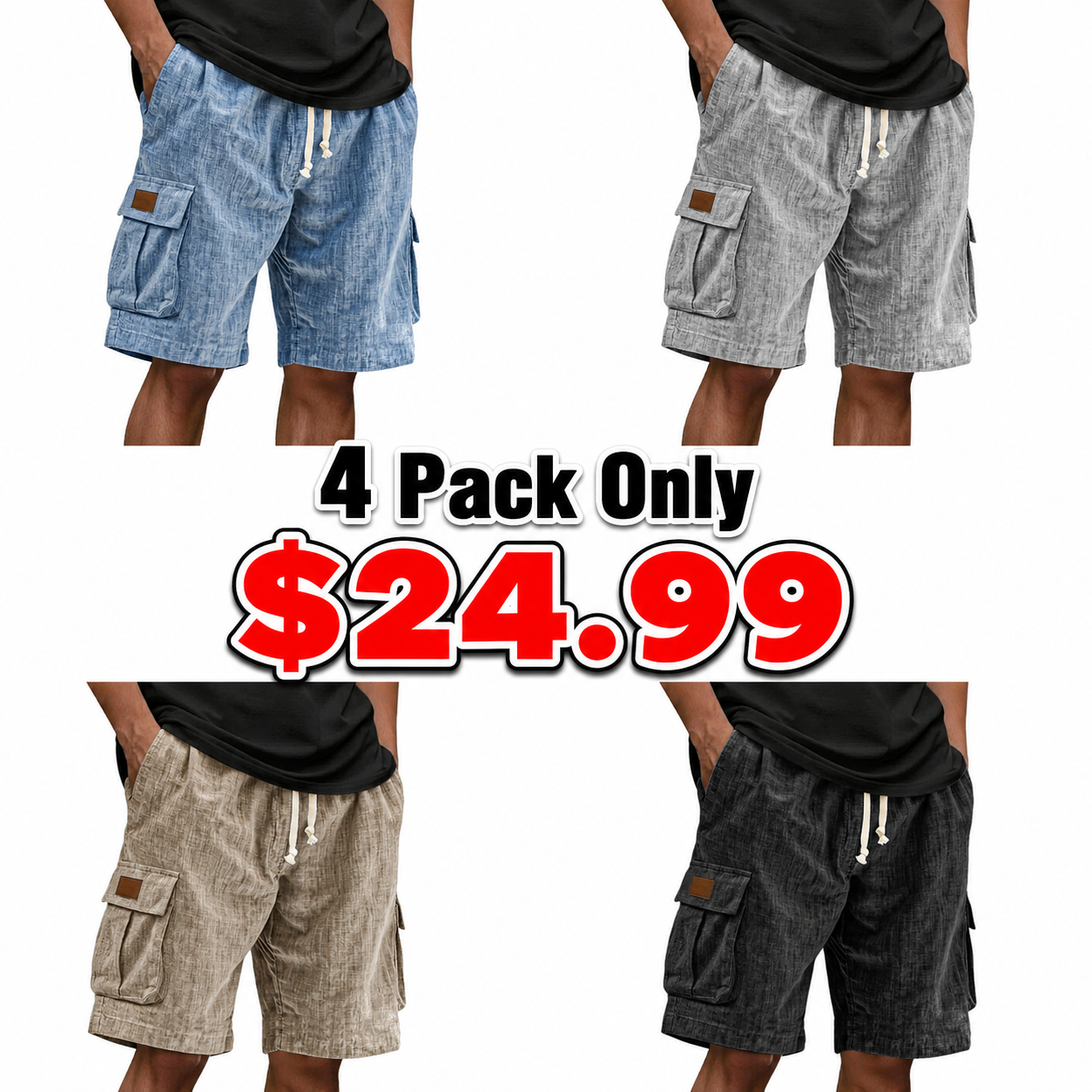 Men's Casual Linen Multi-pocket Embroidered Label Cargo Shorts
