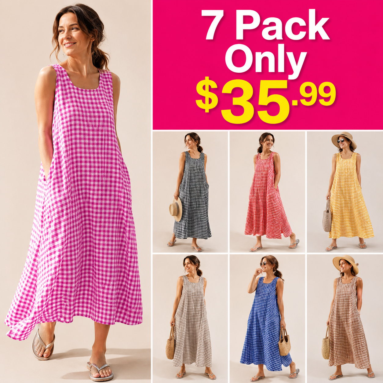Women's Summer Casual Loose-Fit Cotton Plaid Tank Maxi Dress with Pockets Boho Beach Sundress