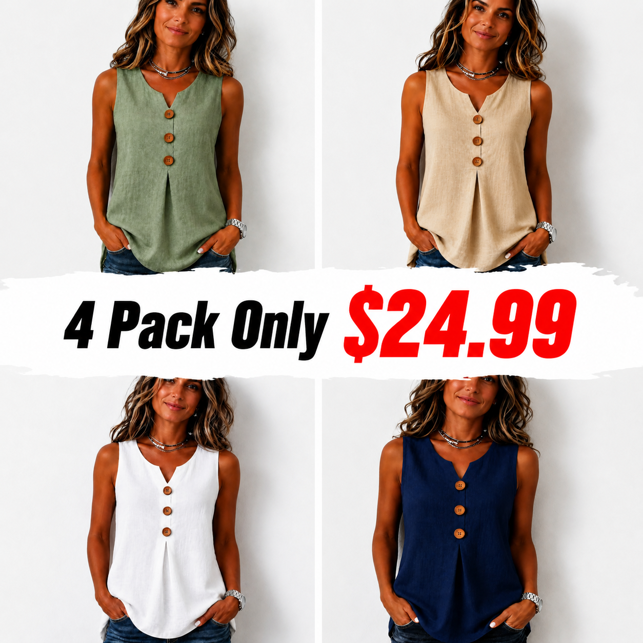 Three-Button Sleeveless Solid Color Tank Top
